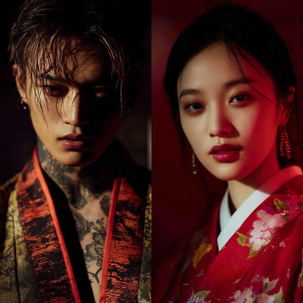 一个纹身帅哥，与一个清纯美女暧昧 --ar 1:1 --v 7 --stylize 100 --fast --no 水印