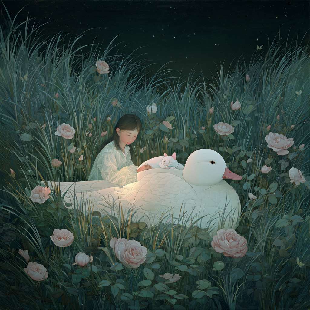 hsiao - ron cheng,in the style of rococo pastel colors,At night,in a vast green grassland, the wind blows through the grass and the grass is rolling like waves. A girl is lying on a very very huge duck. A super huge white cute duck, there is a warm lamp next to the girl and the cat, which illuminates the girl and the duck, mysterious imagination, beauty, in a wilderness grassland, the wind blows down the grass, there are blooming roses in the grass, the contrast between light and dark is strong, the mood is Happy and relaxing, exquisite details, macro lens, large panorama --ar 1:1 --v 7 --stylize 100 --fast