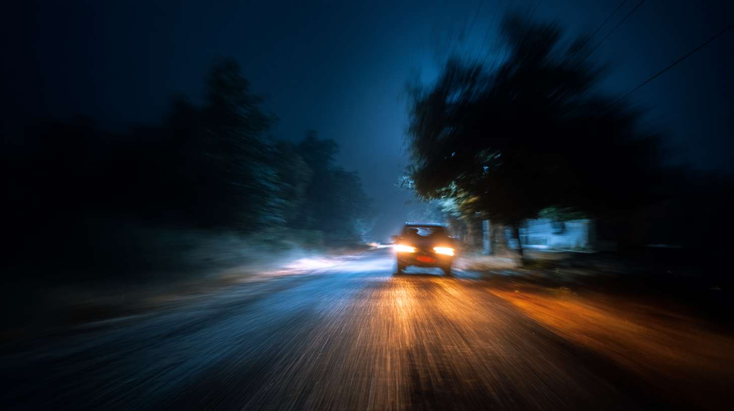 垂直向下拍摄，一辆车开着车灯行驶在乡村小路上 --ar 16:9 --v 7 --stylize 100 --fast --no 水印
