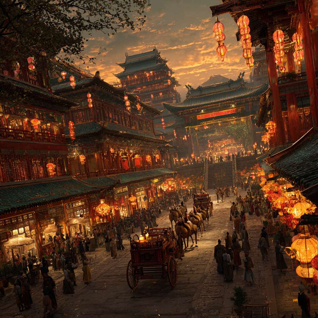 虚幻引擎5渲染,在这幅震撼人心的大唐盛世画卷中,构图以繁华的唐代长安城朱雀大街为核心视点,街道上车水马龙,熙熙攘攘的唐朝百姓与胡商穿梭往来,组成骆驼商队满载货物缓缓前行,两侧林立着朱红色木制建筑,飘扬的酒旗与商铺招牌交错生姿,屋檐下灯笼高挂,时值傍晚,天空渲染着暖金色的晚霞,与建筑的红墙碧瓦交相辉映,颜色以浓郁的金色与朱红色为主调,点缀着商队绸缎的翡翠绿与宝蓝色,灯笼透出暖黄光晕,整体色彩辉煌绚烂,光影效果极具层次,夕阳余晖为建筑披上金纱,灯笼光斑在青石板路上跃动,骆驼与行人投下细长剪影,商铺窗棂间透出温暖烛光,与暮色中的云霞融成一片流光溢彩,整条街道弥漫着人间烟火气,驼铃悠扬,人声鼎沸,完美再现万国来朝的盛唐气象。 --ar 1:1 --v 7 --stylize 100 --fast --no 水印