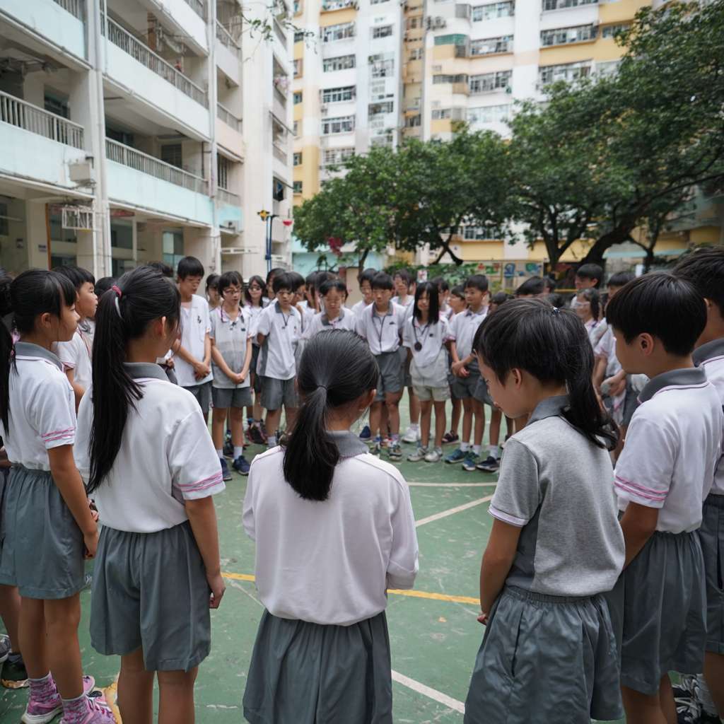 一班小六穿校服的學生們在校園裡圍成一個半圓形，以熊貓為主題，學生們一起將瀕危動物圖案玩集體遊戲 --ar 1:1 --v 7 --stylize 100 --fast --no 水印