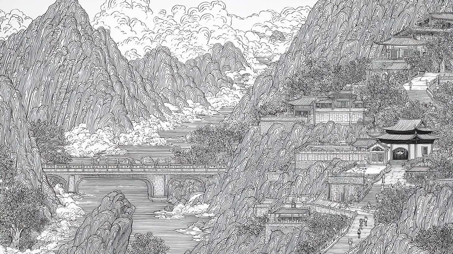 这是一幅黑白线描风格的中式山水建筑插画,展现传统山水与人文景观融合的场景,可从以下维度描述:
山水基底:远景是层叠山峦,以长短线条勾勒岩石纹理,山间缭绕云气(曲线表现),营造悠远意境;中景河流蜿蜒,线条简洁勾勒水流动势。
人文建筑:近景有中式牌坊,匾额刻字(虽难辨认但强化文化符号); 分布着传统坡顶建筑,瓦片以斜线阵列呈现;还有塔楼,通过直线与折线组合塑造层叠结构,丰富天际线。
细节点缀:画面两侧有植物(果实、叶片),以细密线条描绘,增添生机; 穿插人物(如建筑旁、路上的小人),虽简约但点明 “有人间烟火” 的生活感,整体传递出古典山水意境与人文底蕴 。 --ar 16:9 --v 7 --stylize 100 --fast --no 水印