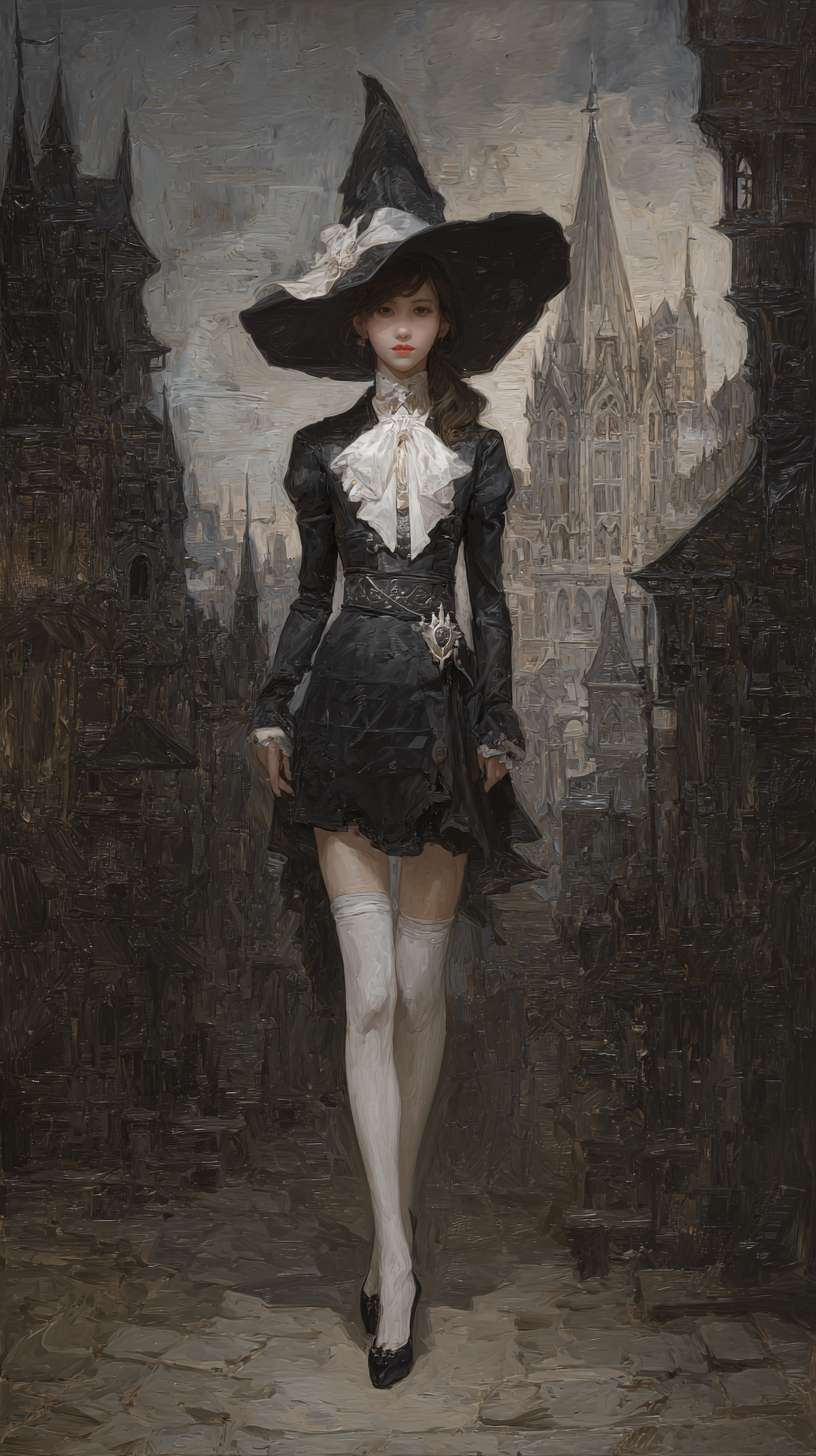 This painting features extremely subdued colors. It depicts a Caucasian girl dressed in a vintage wizard costume, with exquisite facial features, wearing a worn-out large wizard hat, snow-white skin, a tattered black camisole, protruding collarbone, long legs, worn-out white stockings, and black high heels. The overall style is dark fantasy, with a mysterious symbol on the belt. It is a night scene, with a Gothic castle and towering spire behind her, situated in a gloomy ancient city, standing in an ancient cobblestone alley filled with fog. The details are rich, the legs are long, wearing worn-out white stockings, the overall style is dark fantasy, and there is a mysterious symbol on the belt. It is a night scene, with a Gothic castle and towering spire behind her, situated in a gloomy ancient city, standing in an ancient cobblestone alley filled with fog. The details are rich --ar 9:16 --v 7 --stylize 100 --fast