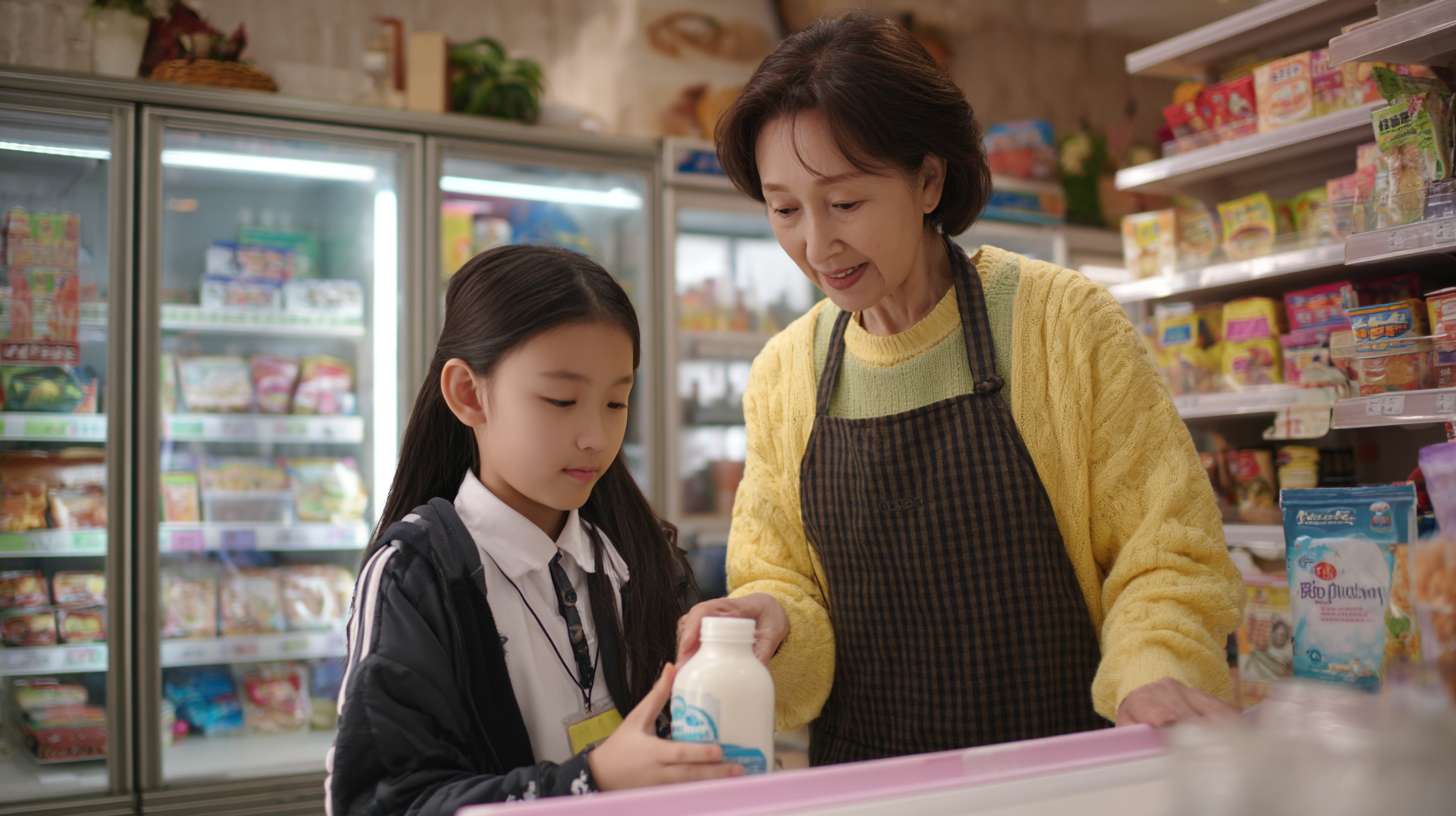 . 女孩、便利店老板娘
• 地点：清晨的便利店
• 事件：穿校服的女孩因钱不够在冰柜前犹豫，40 + 岁系围裙的老板娘察觉后，默默拿起一瓶热牛奶拧开递上，女孩接下牛奶。 --ar 16:9 --v 7 --stylize 100 --fast --no 水印