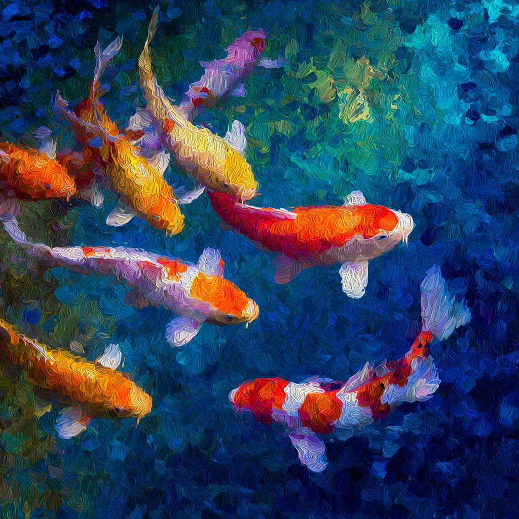 Vibrant underwater scene: blue water, 五彩光影，and dynamic koi, 粗笔触 for texture, 细笔触 for agility, abstract. --ar 1:1 --v 7 --stylize 100 --fast --no 水印