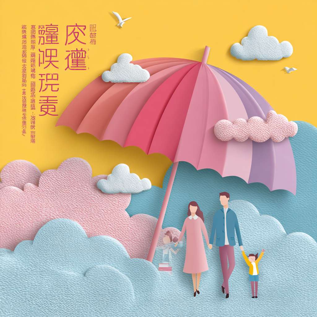 主标题：守护童心，与爱同行
- 副标题：用心撑起保护伞，让每个孩子都出彩
- 视觉风格：温暖有力、充满安全感、色彩明快但不失庄重
- 视觉内容：
父母在户外与孩子温馨互动的场景。
天上的彩云形成一把充满童趣的大伞
阳光穿透云层洒向大地；
 
简约公益风，竖版A4尺寸 --ar 1:1 --v 7 --stylize 100 --fast --no 水印