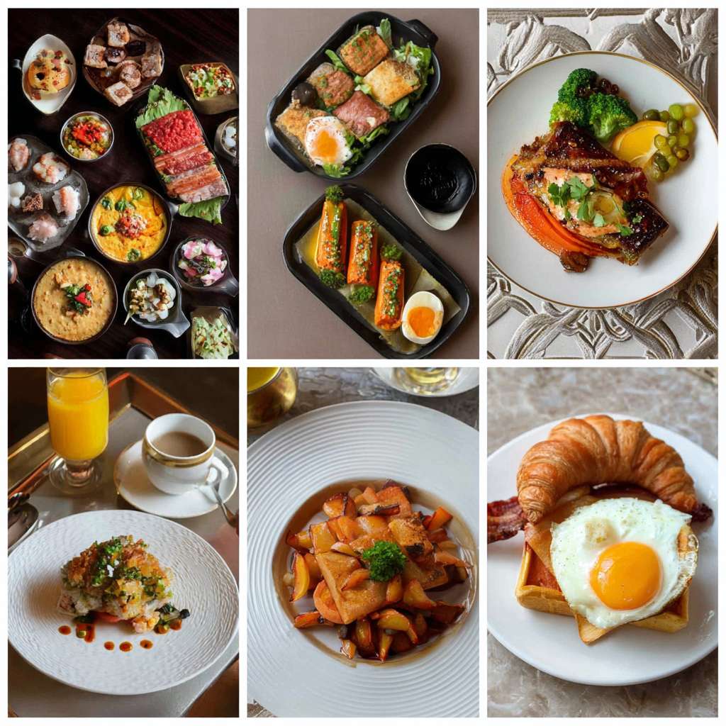 帮我做五张酒店餐厅早餐宣传照片 --ar 1:1 --v 7 --stylize 100 --fast --no 水印