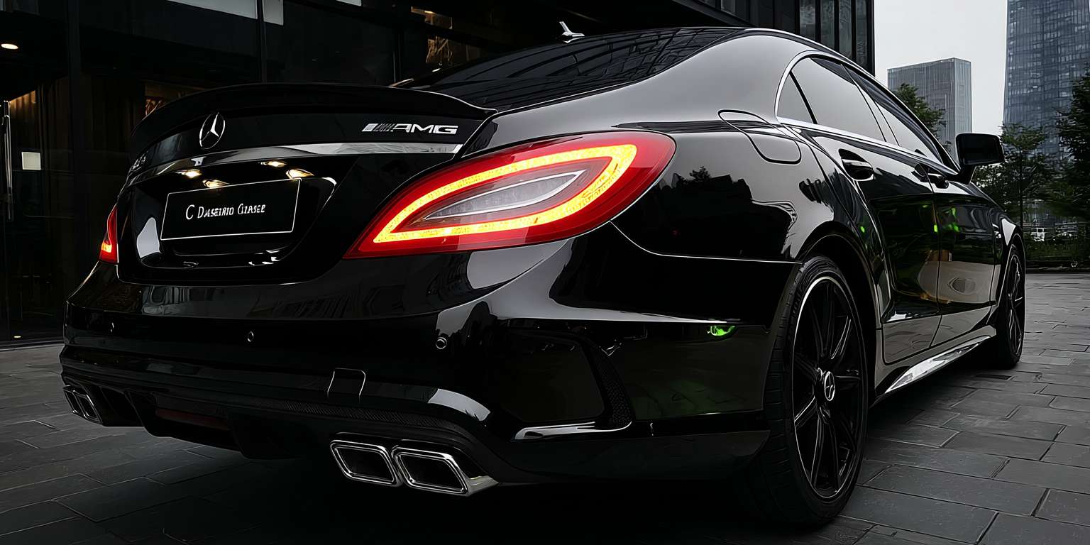 暗黑雨夜，2015款梅赛德斯-AMG CLS 63 S 4MATIC，曜石黑车身近乎隐于黑暗，唯有车尾两盏猩红色LED尾灯如恶魔之眼撕裂夜幕。倾盆大雨中，8K超清镜头捕捉：车顶、引擎盖、腰线布满晶莹雨珠，尾灯光束在湿滑柏油路面拉出血色倒影，四出排气弥漫低温白雾。背景为冷峻都市摩天楼剪影，霓虹光晕在雨帘中晕染。摄影风格：索尼A7S III拍摄，f/1.2大光圈浅景深，电影感暗调光影，赛博朋克红黑视觉冲击。 --ar 2:1 --v 7 --stylize 100 --fast --sref https://img-xpc-mj0.xpccdn.com/prod/txt2img/0c18d1d1-15f2-4ab7-9a62-66b802f929ae/e777a6e9-05da-4004-a17e-915ff825a088_0_1.png~tplv-5yakomv5zn-auto-v1%3A1024%3A0%3Aq75.jpg --sw 1000 --no 水印