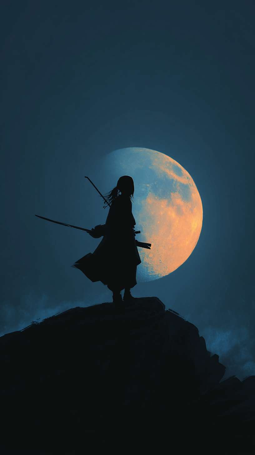 夜晚，长发剑客身背长剑站在山巅之上，映着很大的圆月，明亮的圆月中能看到一条中国龙。剪影 --ar 9:16 --v 7 --stylize 100 --fast --no 水印