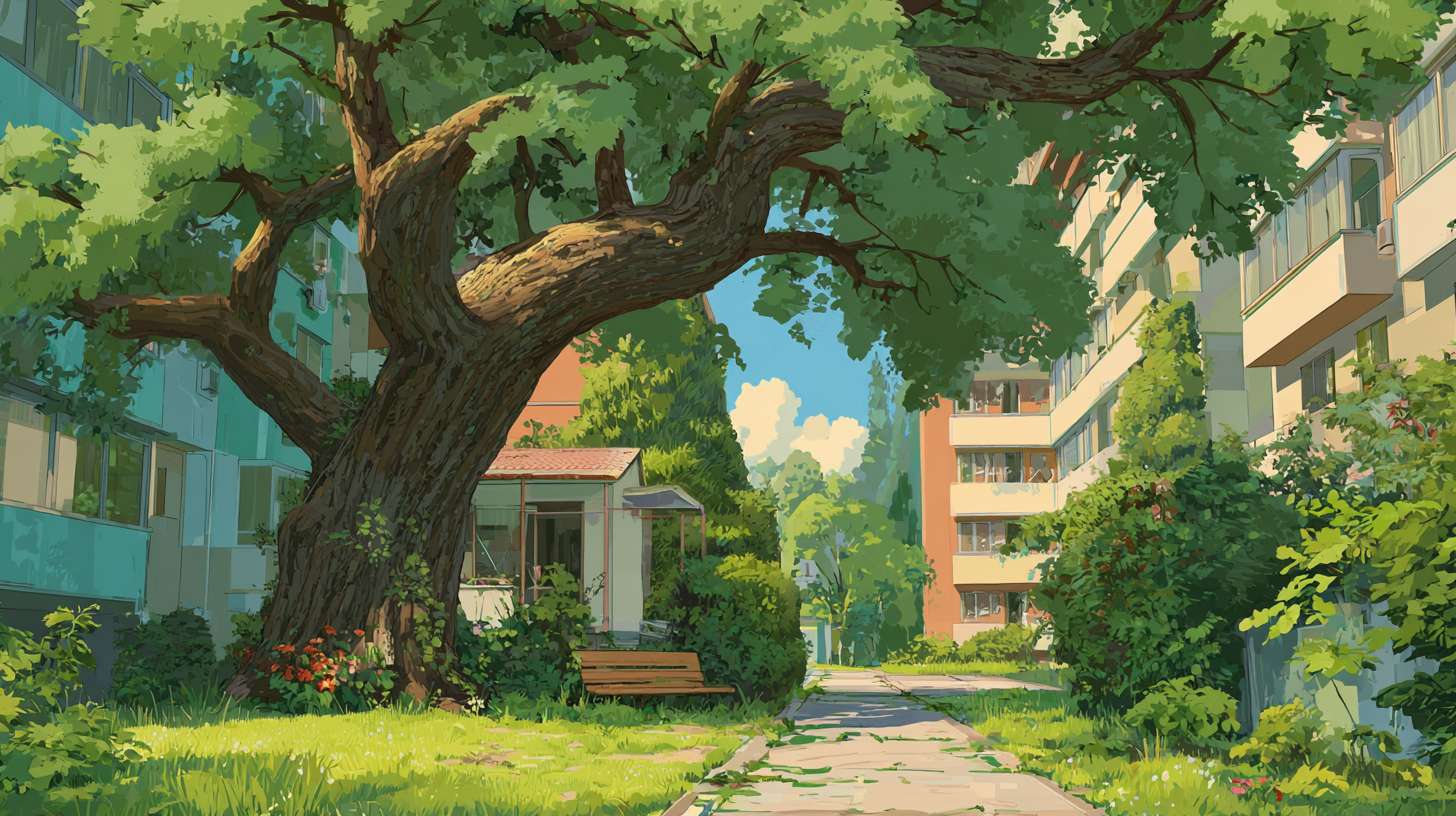小区内的绿荫，有颗大树动画风格 --ar 16:9 --v 7 --stylize 100 --fast --no 水印