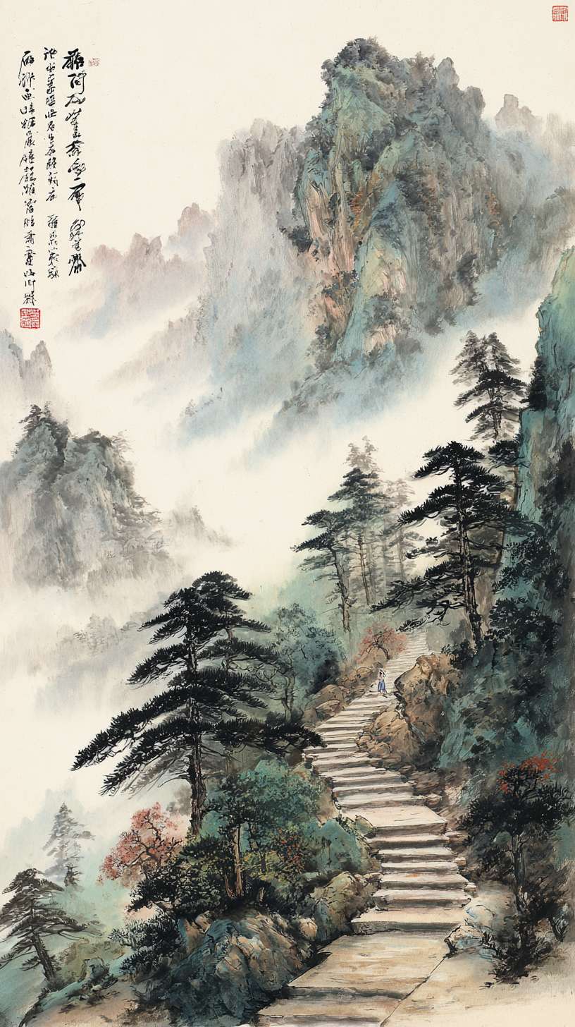 山间小路-水墨风
笔触参考:传统水墨画《富春山居图》(线条粗细变化、墨色层次)
色彩参考:游戏《仙剑奇侠传七》水墨风场景(淡雅色调、统一明度)
元素参考:动画《雾山五行》背景(竹林、山间场景的水墨质感)
构图:竖版蜿蜒,下方为石阶小路(沿画面右侧向上延伸),左侧为悬崖(淡墨勾勒),上方为云海(大面积留白)核心元素:- 石阶:青灰色(淡墨横线条,带细微纹理)- 云海:淡墨晕染(层次分明,近浓远淡)- 点缀:路边迎客松(浓墨枝干、淡墨松针)
主色调:青灰色(R130-150, G140-160, B150-170)辅助色:- 松针:墨绿色(R90-110, G120-140, B100-120)- 云海高光:纯白色(R240-250, G240-250, B240-250)统一适配:青灰色与新手村灰蓝色色调呼应,云海明度与竹林薄雾统一
1. 松针笔触与竹林竹叶笔触一致2. 石阶线条粗细与客栈石板路线条一致3. 云海层次与竹林薄雾层次的墨色过渡方式相同 --ar 9:16 --v 7 --stylize 100 --fast --no 水印