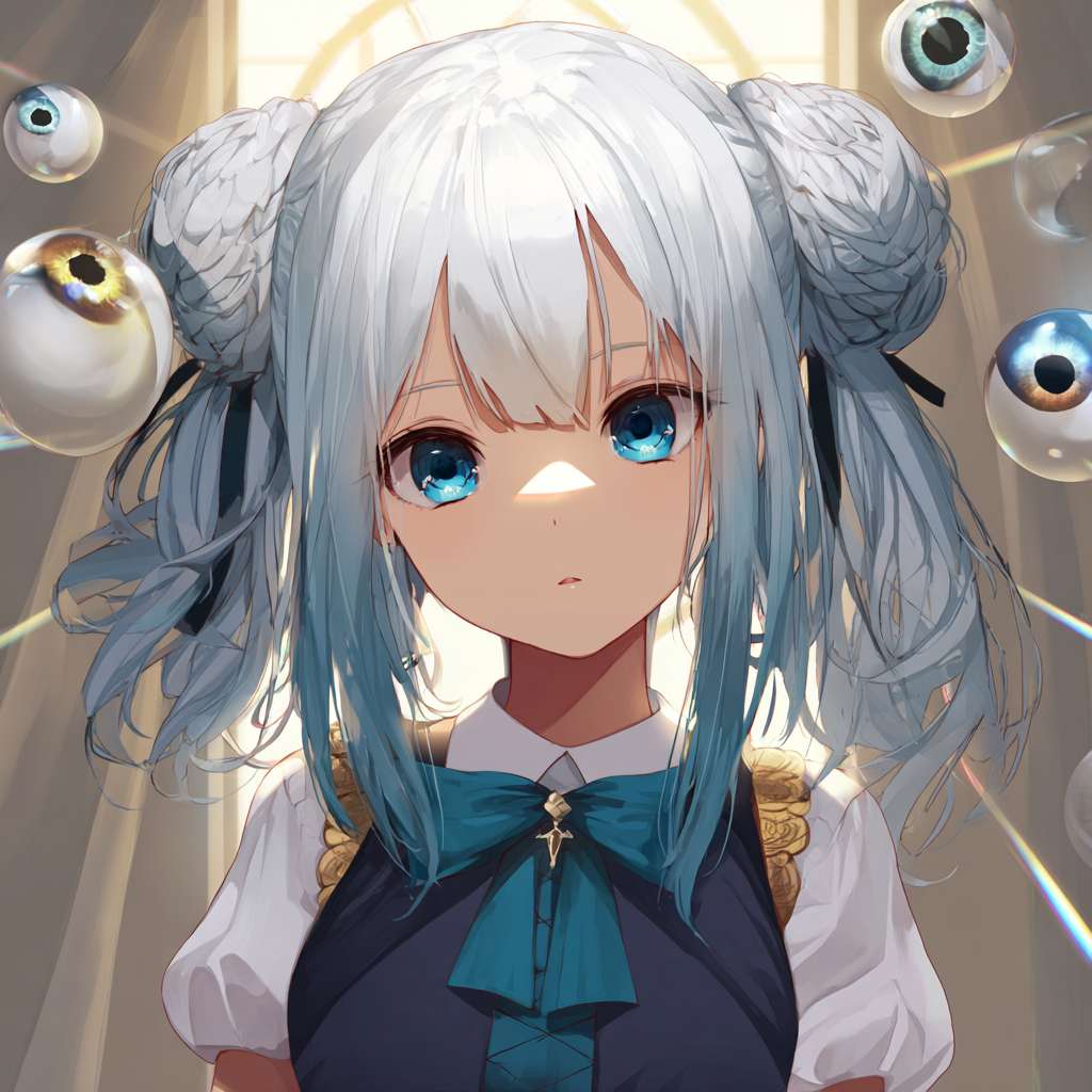 一个二次元少女有着罗马卷双马尾发色是白色，是隐藏的堕天神，掌管时间，她生活在一个有着魔法的世界，她的技能是让自己的眼睛变多个并且漂浮在自己身边 --ar 1:1 --v 7 --stylize 100 --fast --no 水印