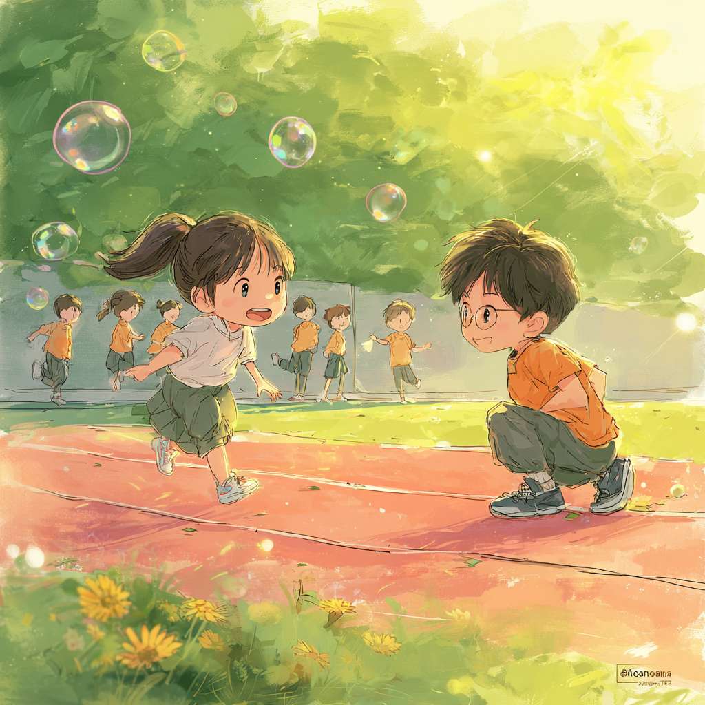 场景:晨雾初散的校园操场,阳光透过香樟树间隙洒在红色跑道上,形成斑驳光斑。
人物:扎着高马尾的女生正在跳绳,发梢扬起细碎金芒;戴眼镜的男生单膝跪地,指尖轻触跑道上爬行的蚂蚁,嘴角带笑;远处一群学生围成圈,将课本顶在头上玩平衡游戏,校服裙摆和衣角在风里轻轻扬起。
象征元素:跑道边绽放的向日葵(花盘转向阳光)、空中飘着的彩色泡泡(折射七彩光晕)、树梢栖息的麻雀(扭头望向喧闹的人群)。
色彩与光影:主色调为暖橙色(朝阳)+ 清新绿(草坪),阴影处用淡金色勾边,人物皮肤泛着健康的红晕,体现“如阳光般蓬勃”的生命力。
意境关键词:动态的活力(肢体语言)、对世界的好奇(微观观察)、集体游戏的纯粹快乐。 --ar 1:1 --v 7 --stylize 100 --fast --no 水印