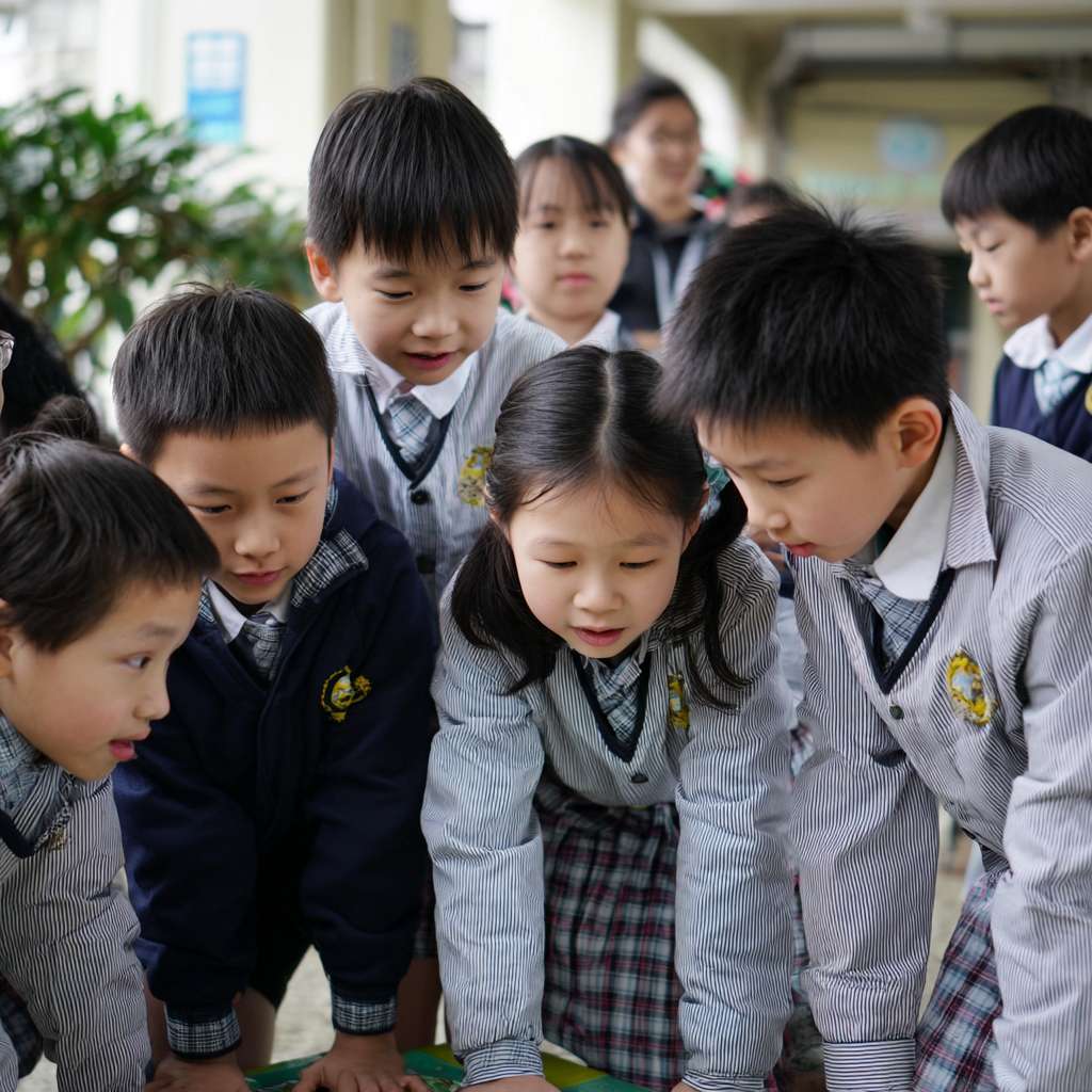 一班小六穿校服的學生們在校園裡圍成一個半圓形，以瀕危動物為主題，學生們一起遊玩瀕危動物圖案的卡牌遊戲 --ar 1:1 --v 7 --stylize 100 --fast --no 水印