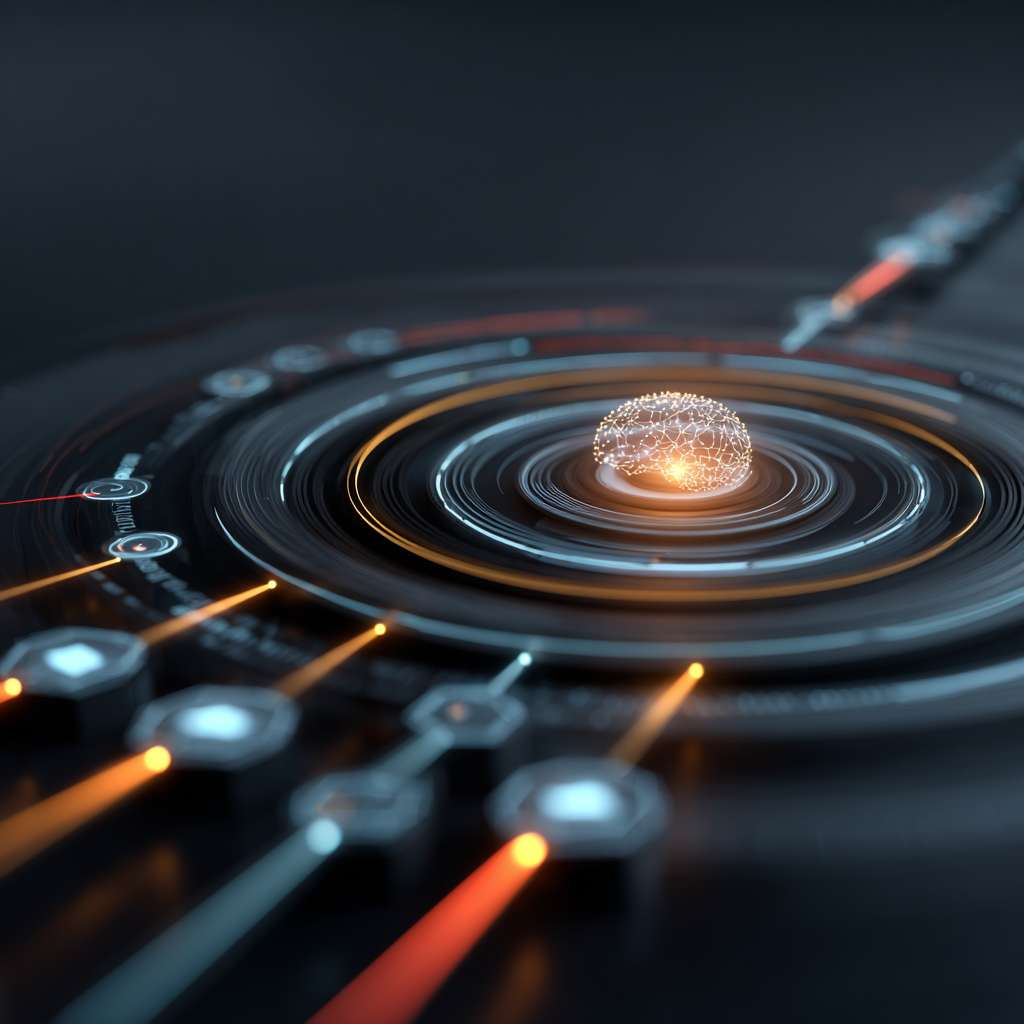 A sophisticated system architecture diagram in a tech style, with concentric circles. The core is a glowing AI brain chip, radiating connections to modules like AIOps, Smart Data Center, and Intelligent Command Center. Data streams flow bi-directionally. The background is dark with blue and orange light trails. --ar 1:1 --v 7 --stylize 100 --fast