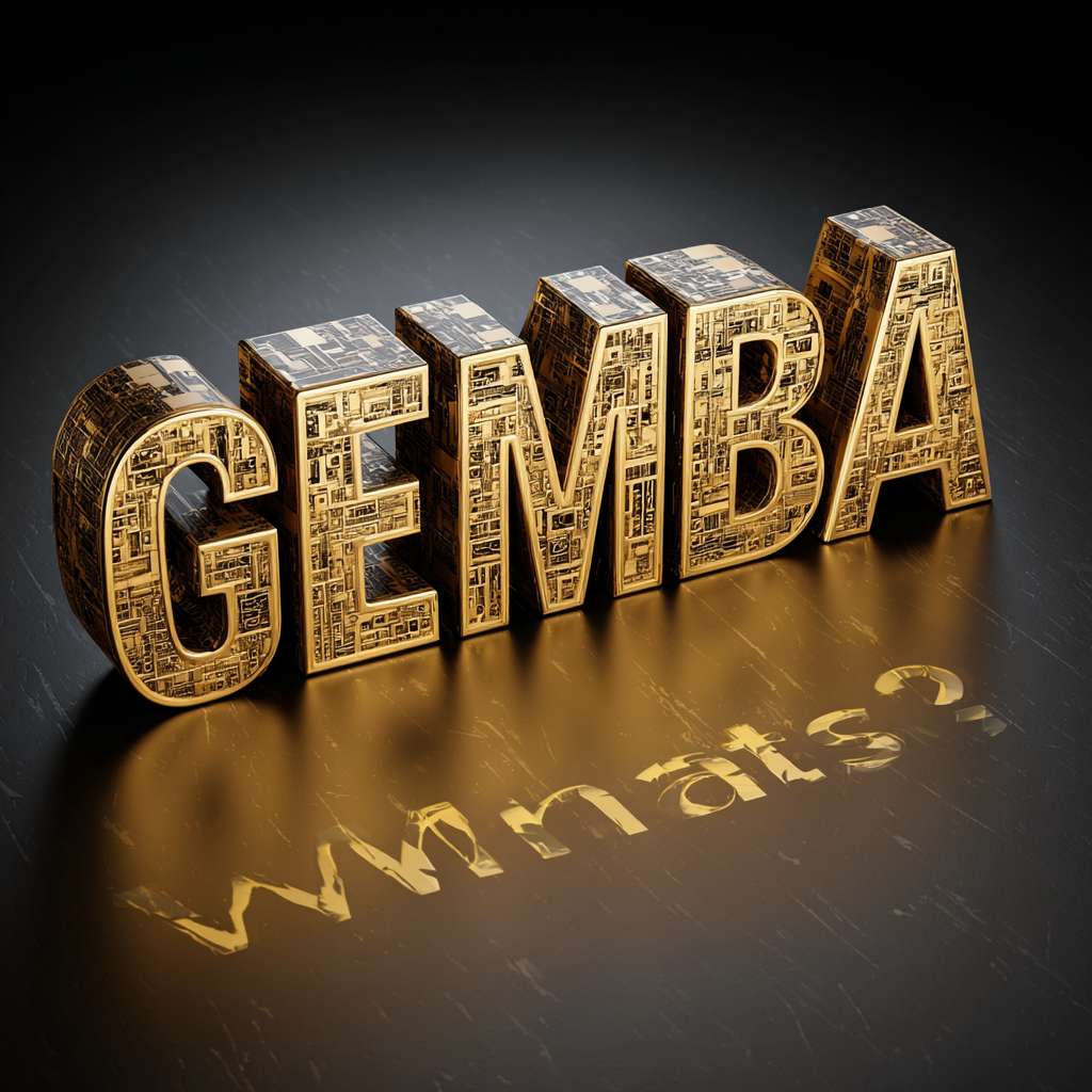 用 "What is GEMBA?"（不改变这句话的文字内容）输出一张图，金色背景，立体金色，输出比列为16:9 --ar 1:1 --v 7 --stylize 100 --fast --no 水印