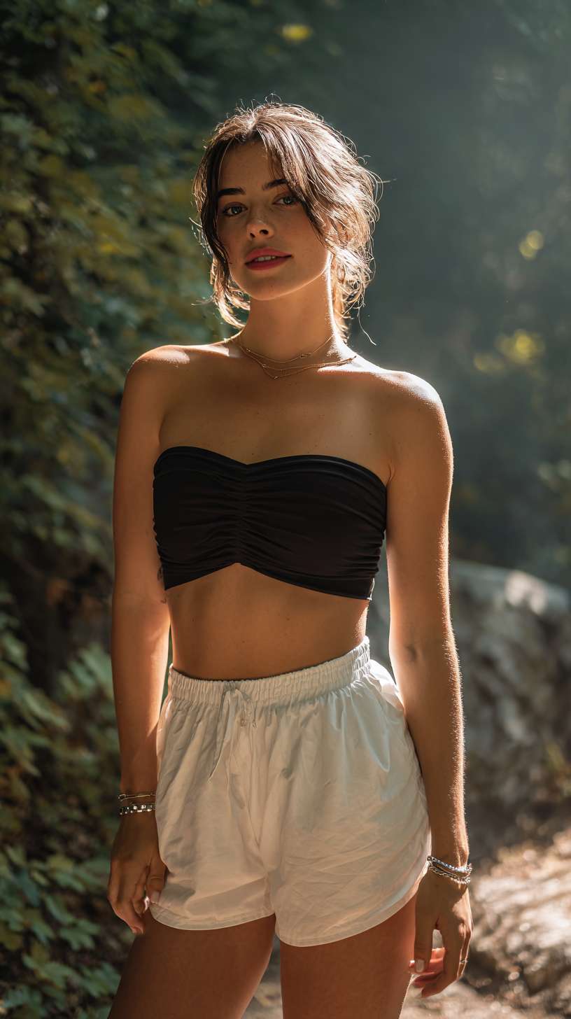 Realistic photo - style portrait of a stylish woman in black minimalist bandeau top and white high - waisted shorts, showcasing balanced long legs and graceful figure. She stands on a misty forest path where sunlight filters through trees, creating dappled shadows. The blurred background reveals ancient trees and vine - covered rocks. Details include wind - tousled hair, structured bandeau texture, cotton shorts fabric, and a delicate silver bracelet. Centered composition with direct gaze, emphasizing her confident posture. Shot in 8K UHD with Canon EOS R5, soft natural light and subtle shadows enhance depth, delivering a vibrant outdoor aesthetic. --ar 9:16 --v 7 --stylize 100 --fast