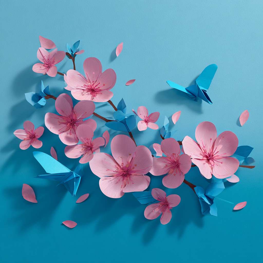 需要做一个立体海报，樱花形状，加入立体可旋转小风车，风车叶片为蒂芙尼蓝 --ar 1:1 --v 7 --stylize 100 --fast --no 水印