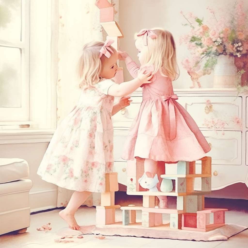 A 3-year-old girl in a floral dress teaching her 1-year-old sister to build a castle with blocks, soft pastel colors, warm family atmosphere, detailed facial expressions --ar 1:1 --style cute --stylize 100 --fast --niji 5