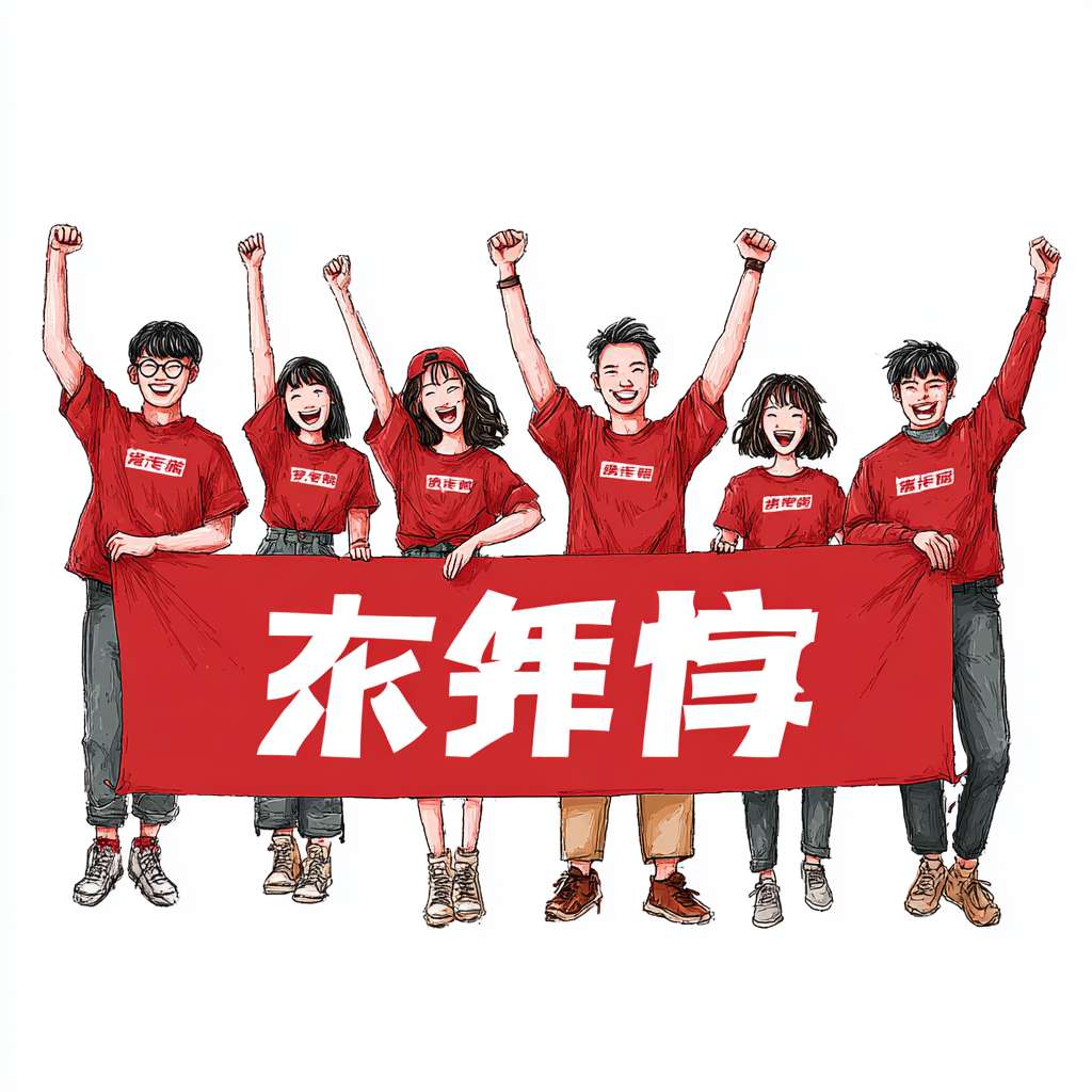 人物：8名不同性别、体型的年轻人（身着红色短袖，每个人的衣服上有一个字，依次写着：途虎养车正品低价），并肩站成一排，手臂高举共同拉开一条宽横幅。露出胸前的字和横幅上的字

横幅：红色背景，白色粗体大字：“没进八强又怎样？敢打敢拼就是王！”（横幅可略有弧度，体现动态感）。

表情与动作：人物笑容灿烂、充满活力，部分可做握拳、欢呼等鼓舞姿势，突出“拼搏”氛围。

背景：白底即可

风格：卡通插画或写实摄影风格，色彩鲜明对比度高。 --ar 1:1 --v 7 --stylize 100 --fast --no 水印