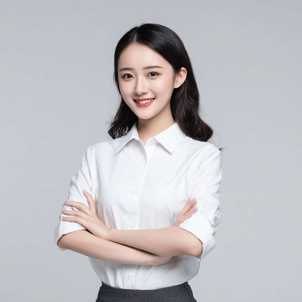 生成一张英语教师女性形象半身正面照，25岁左右，不戴眼镜，身高160左右，体重110斤，白色西服裤子 --ar 1:1 --v 7 --stylize 100 --fast --no 水印