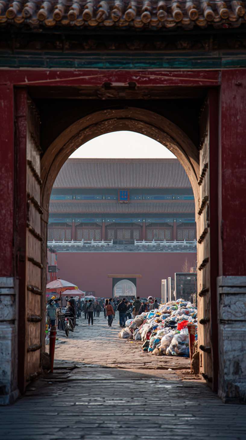 半关闭的国门，门缝中是一双双正在将各中垃圾推入境内的双手，中国人的视角在门内，同心协力把门关上 --ar 9:16 --v 7 --stylize 100 --fast --no 水印