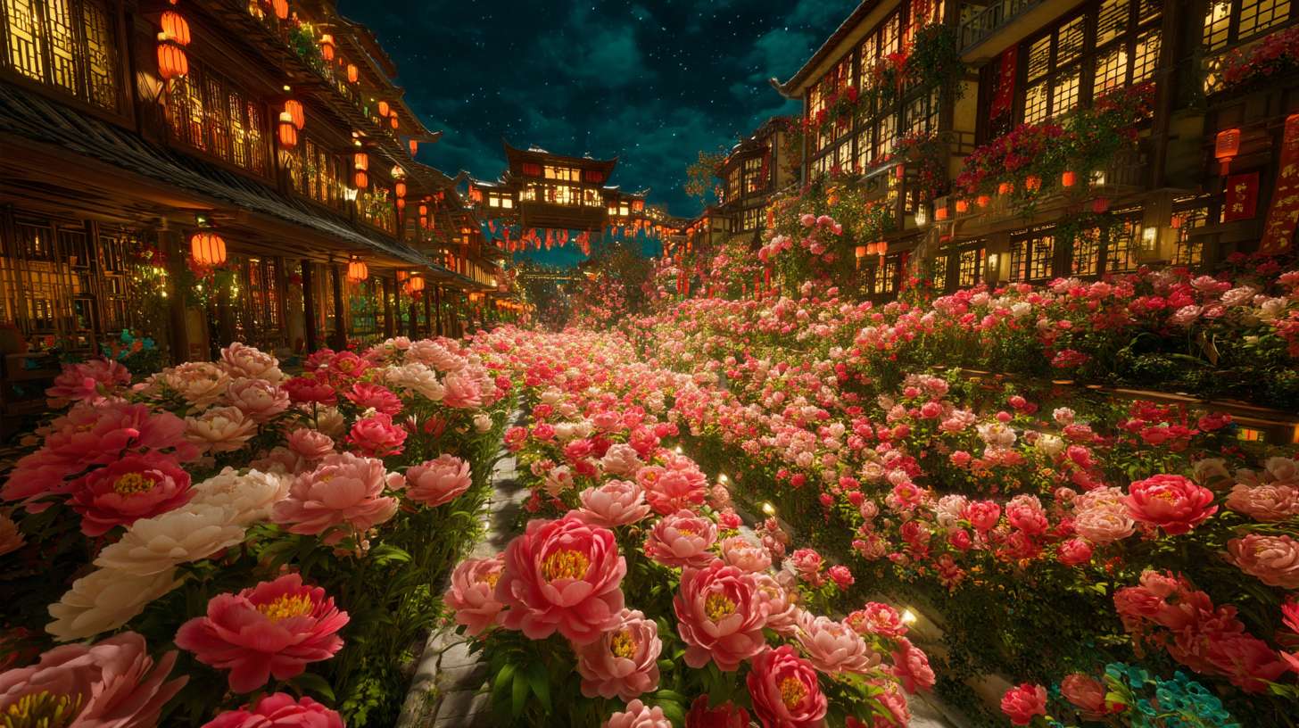 Unreal Engine 5 rendering, in this awe-inspiring scene of the ancient Luoyang Flower Festival, the composition centers on a vast sea of blooming peonies, surrounded by ancient-style pavilions, buildings, and winding corridors adorned with countless red lanterns, while the night sky is continuously lit up by colorful fireworks, the foreground features a celebrating crowd dressed in elegant Hanfu singing and dancing, the middle ground includes traditional Chinese architecture such as eaves-cornered pavilions, and the background blends deep blue starry skies with brilliant fireworks, in terms of color, vibrant reds, golds, and greens dominate, symbolizing luck and wealth, with the pink and white of the flowers sharply contrasting with the warm yellow of the lanterns, and the multicolored lights of the fireworks adding dynamic color variations, the lighting effects are exquisitely detailed, the soft glow from the lanterns casts warm shadows on people's faces and the ground, while the explosive flashes of fireworks create dazzling halos, contrasting with the cool moonlight to enhance the image's depth and dynamism, the entire scene is bustling and lively, with lanterns swaying gloriously, fireworks sparkling brilliantly, and the crowd cheering incessantly, as if transporting the viewer into a dreamlike ancient prosperous era filled with the charm of Chinese elements. --ar 16:9 --v 7 --c 20 --quality 4 --stylize 100 --fast