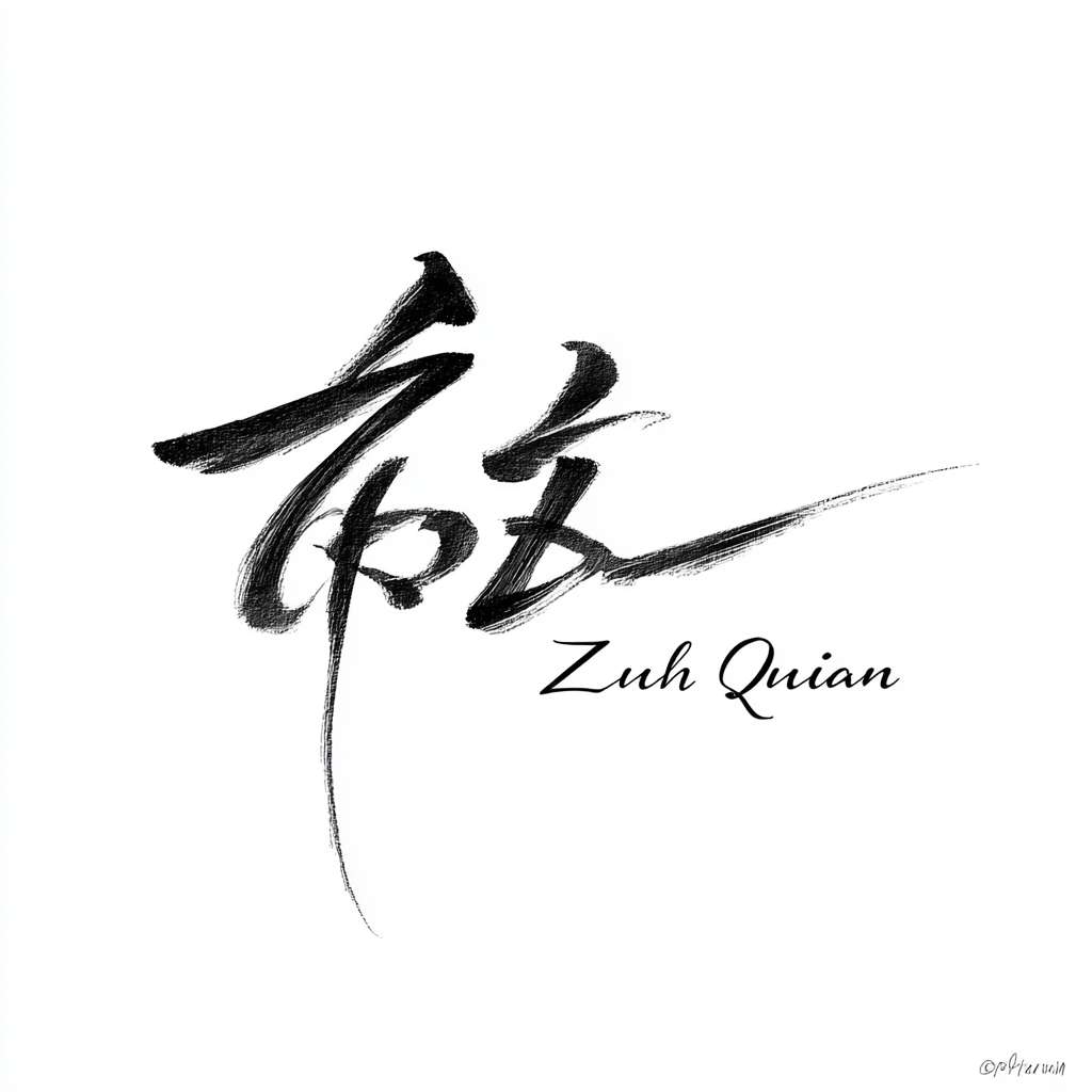 minimalist professional signature for "Zhu Qihan". Clean, flowing black ink strokes, connected cursive script. The signature slopes slightly to the right, exuding a sense of efficiency and confidence. White background, studio lighting, photorealistic style. --ar 1:1 --v 7 --stylize 100 --fast