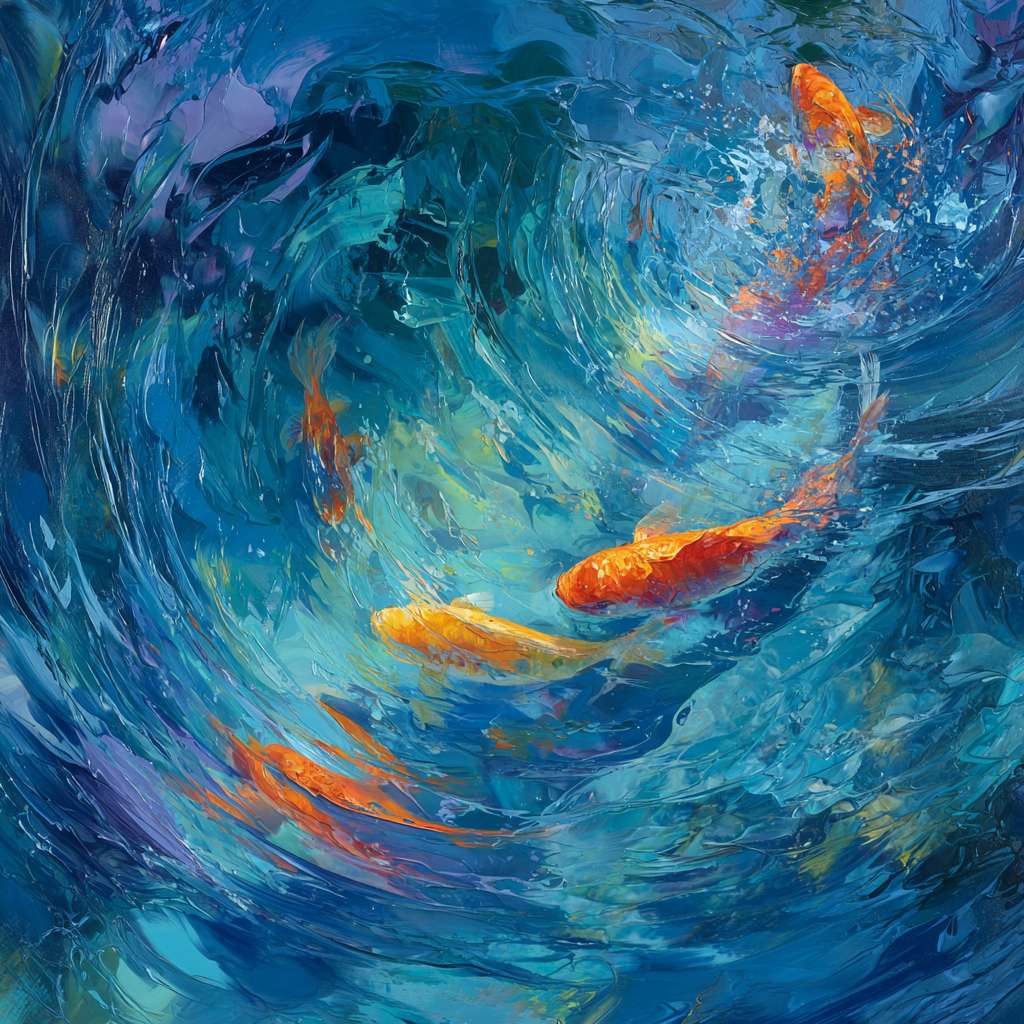 Dynamic blue water scene with swirling color bursts, koi fish in vivid hues, brushwork blending abstraction and detail, lively energy, abstract. --ar 1:1 --v 7 --stylize 100 --fast