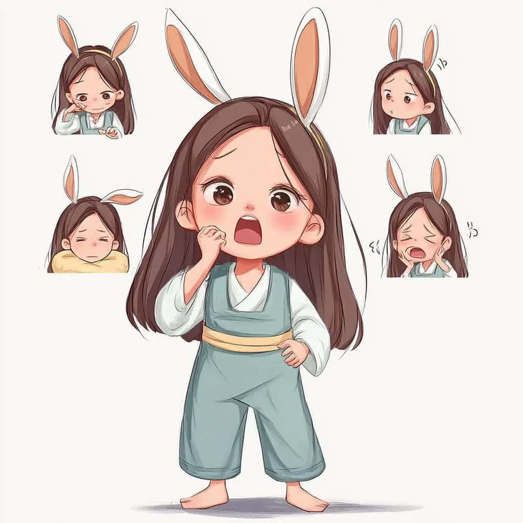 https://img-xpc-mj0.xpccdn.com/prod/upload/4f8c1a98-a9f2-40d1-817c-e20e242e3fec/WechatIMG4967.jpg~tplv-5yakomv5zn-auto-v1%3A1024%3A0%3Aq75.jpg 穿着汉服的小女孩，两只兔子耳朵，古典精致，全身图，9种姿势和表情，打招呼，谢谢，睡觉，离开，抱抱，可爱，伤心，大笑，失望，害羞，困倦，吃饭，头晕，表达爱意等，卡通动漫风格，九宫格，一个网格一个表情，不显示网格线 --ar 1:1 --v 7 --stylize 100 --fast --iw 1 --no 水印