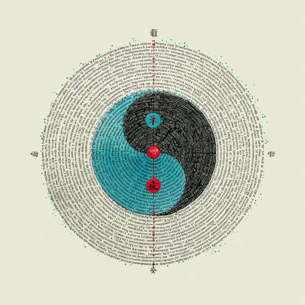 "Circular logo, ink-wash Tai Chi symbol in cyan and black, surrounded by tiny dotted lines resembling ancient book binding threads, red dot in center, white background, Chinese Zen style, minimalistic, no text, high resolution" --ar 1:1 --v 7 --stylize 100 --fast