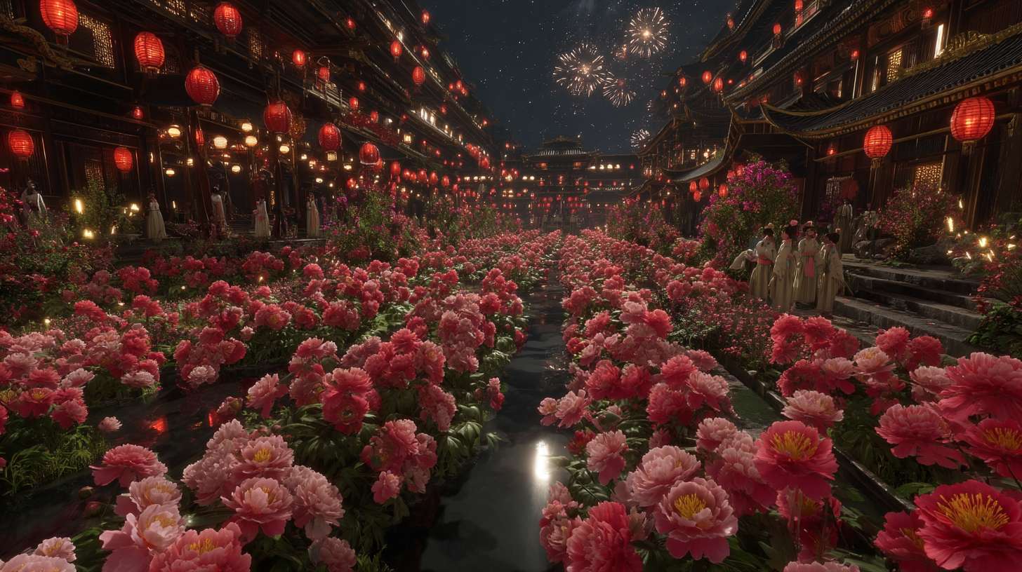 Unreal Engine 5 rendering, in this awe-inspiring scene of the ancient Luoyang Flower Festival, the composition centers on a vast sea of blooming peonies, surrounded by ancient-style pavilions, buildings, and winding corridors adorned with countless red lanterns, while the night sky is continuously lit up by colorful fireworks, the foreground features a celebrating crowd dressed in elegant Hanfu singing and dancing, the middle ground includes traditional Chinese architecture such as eaves-cornered pavilions, and the background blends deep blue starry skies with brilliant fireworks, in terms of color, vibrant reds, golds, and greens dominate, symbolizing luck and wealth, with the pink and white of the flowers sharply contrasting with the warm yellow of the lanterns, and the multicolored lights of the fireworks adding dynamic color variations, the lighting effects are exquisitely detailed, the soft glow from the lanterns casts warm shadows on people's faces and the ground, while the explosive flashes of fireworks create dazzling halos, contrasting with the cool moonlight to enhance the image's depth and dynamism, the entire scene is bustling and lively, with lanterns swaying gloriously, fireworks sparkling brilliantly, and the crowd cheering incessantly, as if transporting the viewer into a dreamlike ancient prosperous era filled with the charm of Chinese elements. --ar 16:9 --v 7 --c 20 --quality 4 --stylize 100 --fast