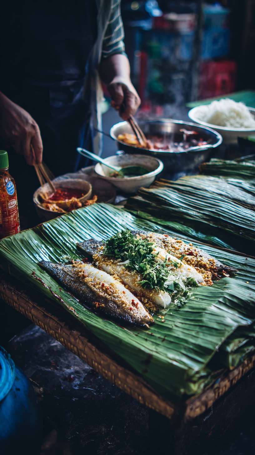 芭蕉叶烤鱼，打开热气腾腾的芭蕉叶，看见一条包裹着作料的鱼冒着热气，滋啦滋啦的声音下，看到若隐若现的雪白的鱼肉，看上去就非常有食欲，旁边还摆放着版纳特制口味的蘸料，隔着屏幕都溢出了鱼肉鲜甜 --ar 9:16 --v 7 --stylize 100 --fast --no 水印