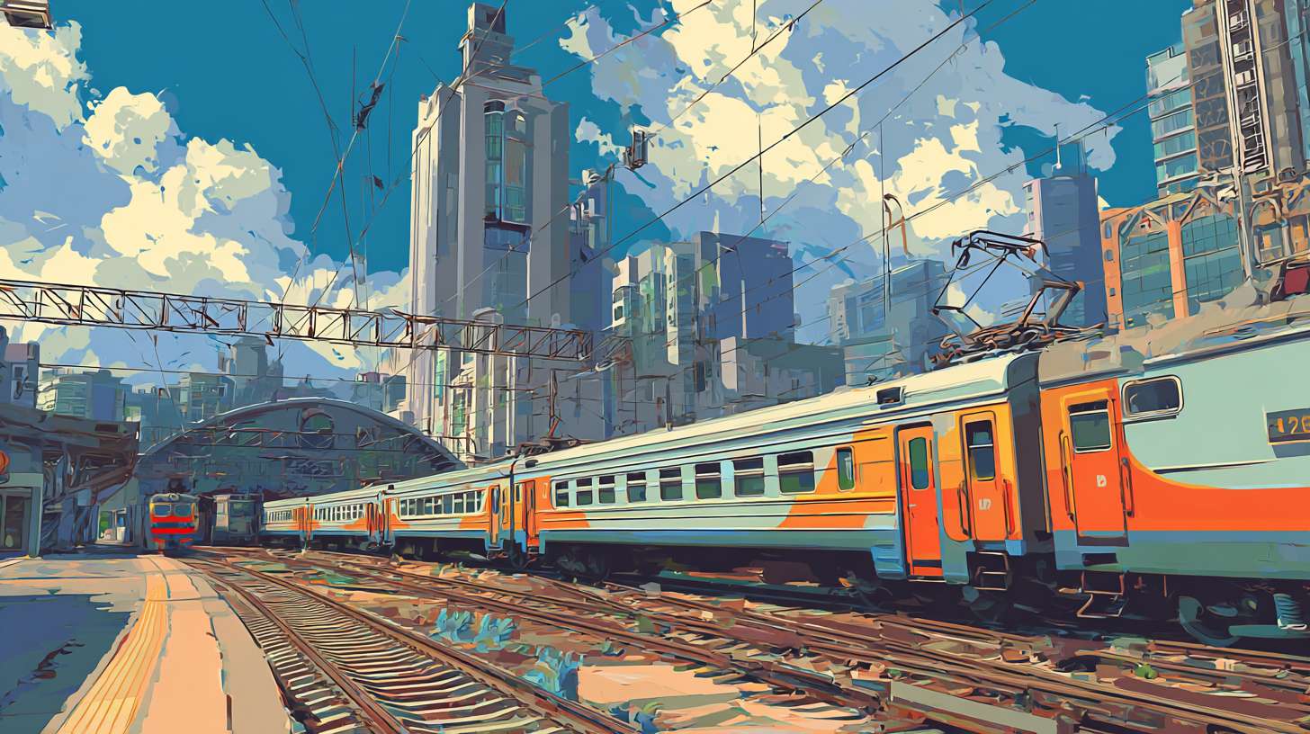 卡通效果，城市火车站， --ar 16:9 --v 7 --stylize 100 --fast --no 水印