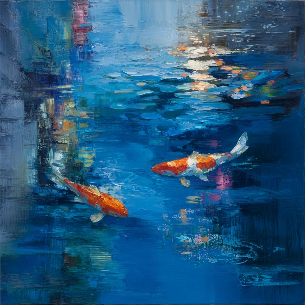Surreal blue aquarium with koi and refracted light, bold strokes for water, delicate strokes for fish, abstract energy. --ar 1:1 --v 7 --stylize 100 --fast