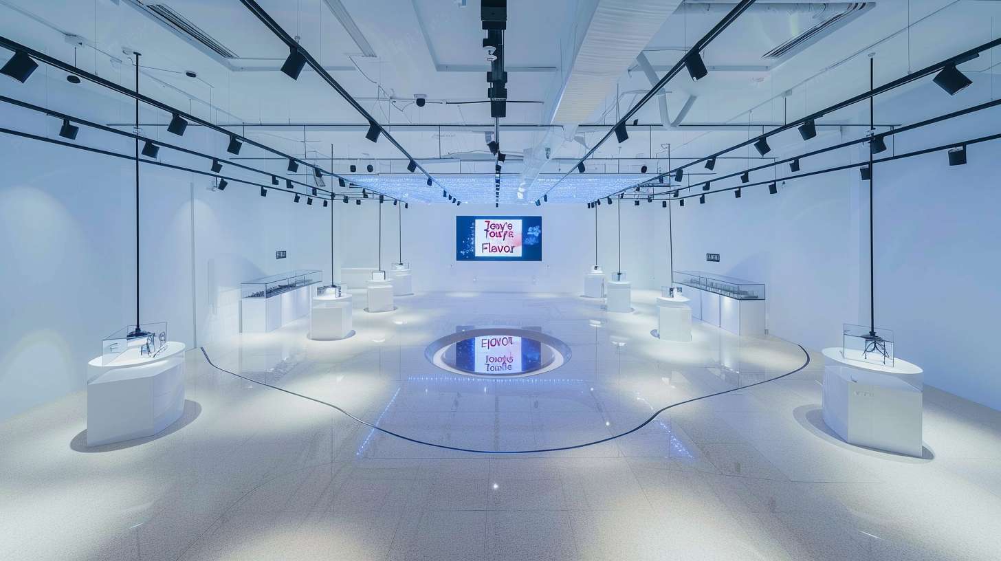 全景鸟瞰图
wide shot of futuristic food gallery, minimalist white space with 5 thematic islands connected by glowing ring corridor::2 polished terrazzo floor reflecting suspended black track lights::1.5 central hologram screen showing "Today's Flavor" animation::1.2 ambient blue glow from cooler zone::1 --ar 16:9 --v 6.0 --style raw --stylize 100 --fast --no text