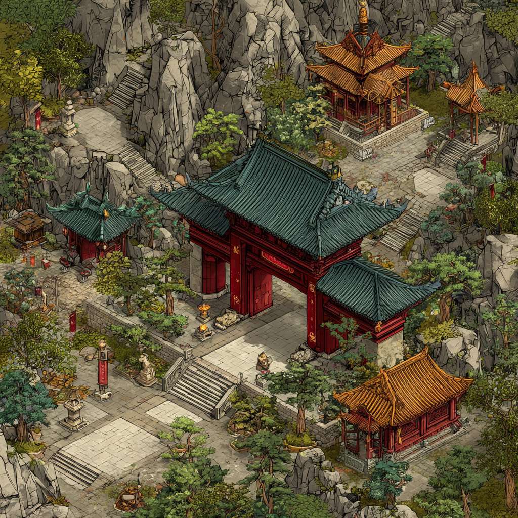 武侠游戏，华山派场景，包含大门 --ar 1:1 --v 7 --stylize 100 --fast --no 水印