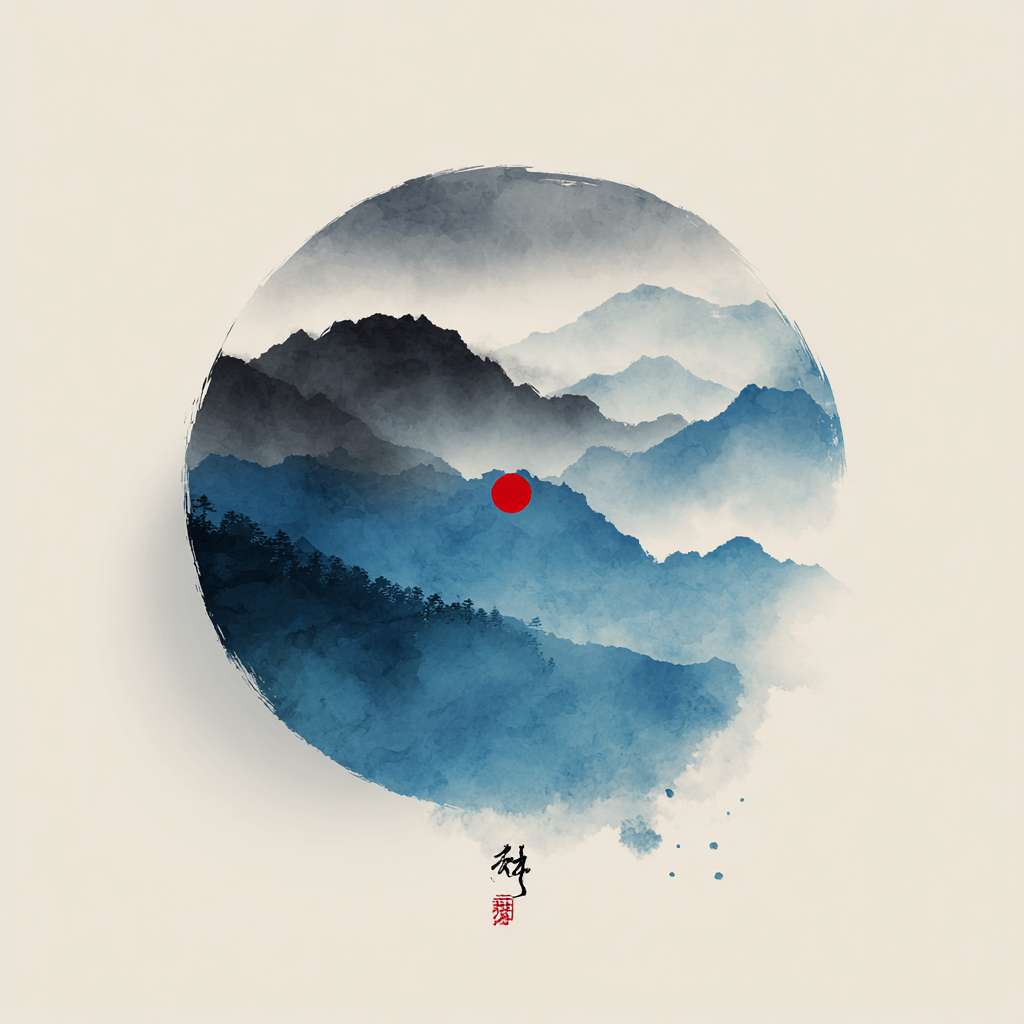 The circular logo adopts the Chinese ink wash Tai Chi symbol, with alternating shades of blue, black, and white, surrounded by a hazy silhouette of a blue mountain range. There is a red dot in the center and a pure white background, with a Zen style, simple design, no text, no watermark, high resolution, and vector graphics --ar 1:1 --v 7 --stylize 100 --fast