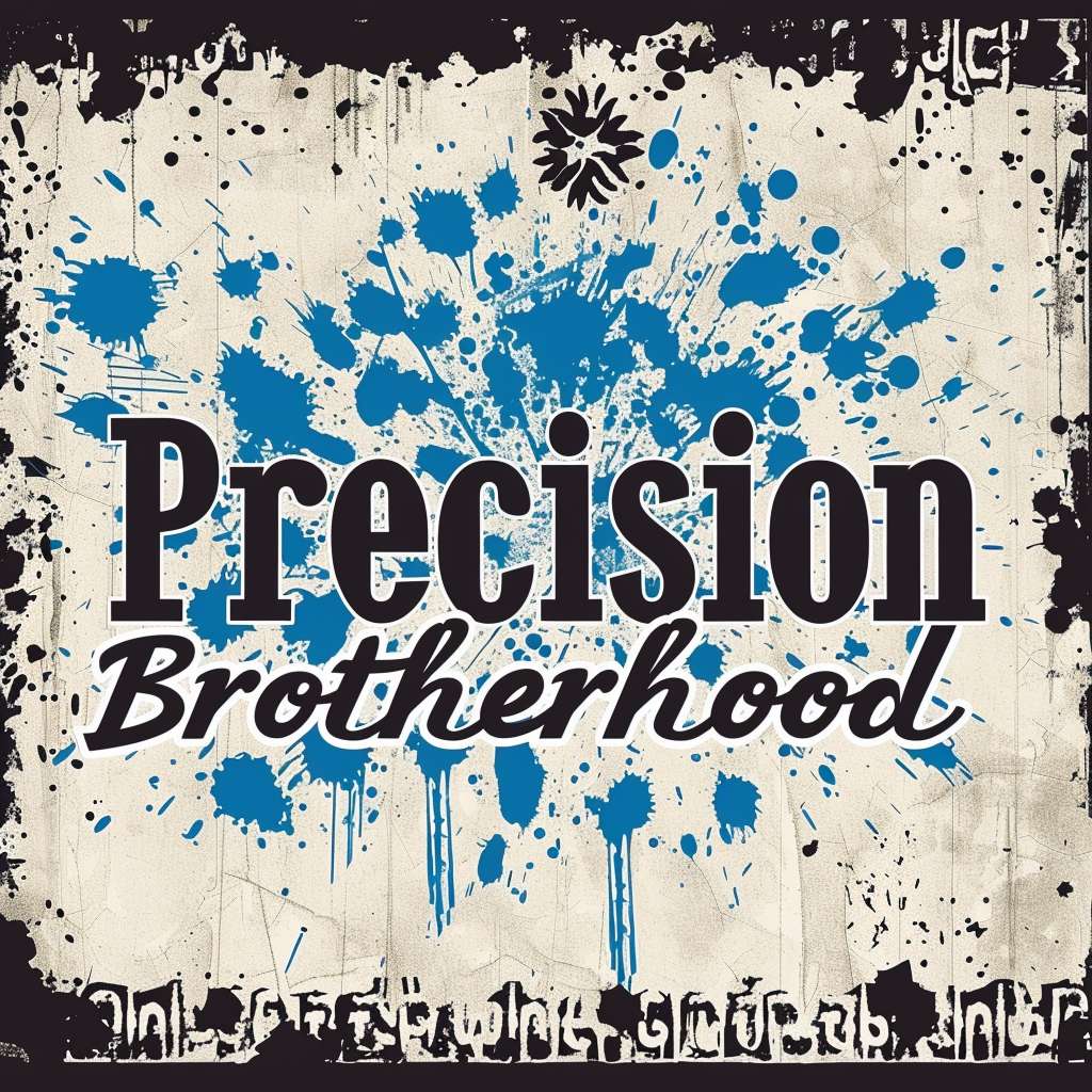 ``prompt
T-shirt hem text band design, "Precision Brotherhood" in fractured Chinese calligraphy and Thai script, bullet holes piercing letters, blue ink splatter background, distressed military stencil style --ar 1:1 --v 6 --stylize 100 --fast --no realistic weapons