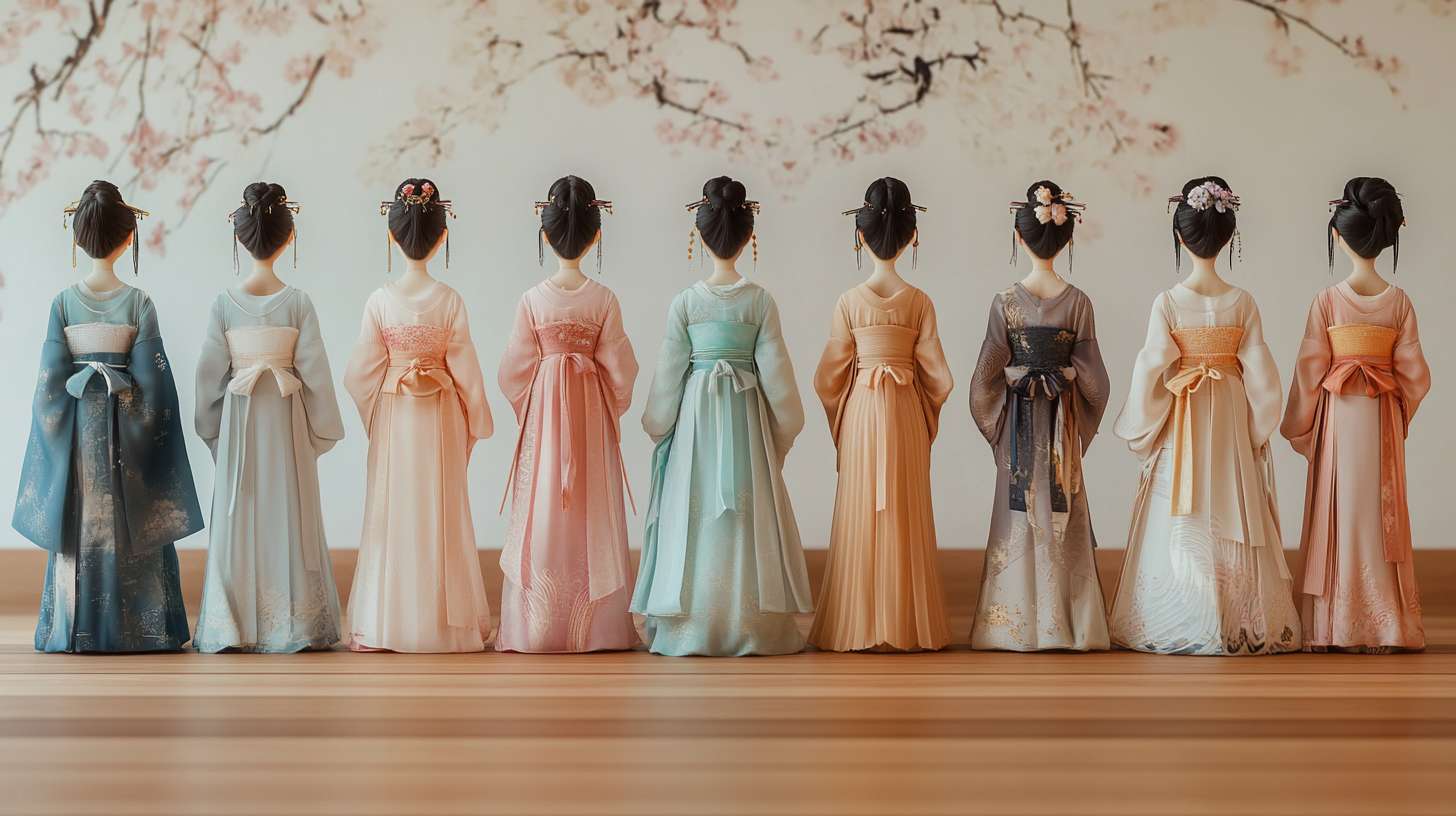 汉服，汉服图片，一张图片上有多套服装，一字排开，色彩淡雅，无模特，正对镜头 --ar 16:9 --v 6.1 --stylize 100 --fast
