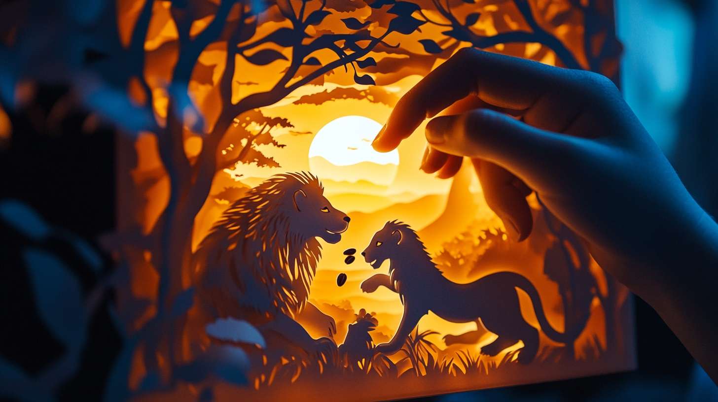 Paper cut art of lion family playing with coffee beans, vibrant Dunhuang cave colors (ocher orange, lapis lazuli blue), packaging unfolds into 3D diorama of savanna sunrise, movable parts showing tail wagging when pulled, child's hand interacting with package, warm lighting --ar 16:9 --v 6.1 --style raw --stylize 100 --fast
