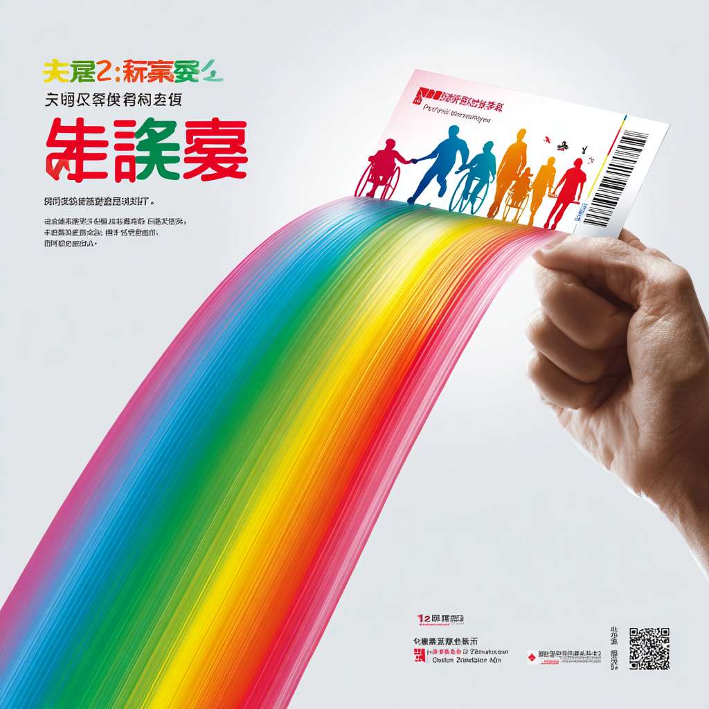 、核心创意
slogan：
「一张彩票，一束光」
副标：
「今天你送出的每2元，都将变成照亮别人的彩虹。」
视觉锤：
一只手从画面下方举起一张“中国福利彩票”红票，票背面的条形码位置射出七道半透明彩虹光束，光束在顶部交织成“公益场景”——老人、孩子、残疾运动员微笑剪影；彩虹同时形成“福彩LOGO”负形，一眼识别。 --ar 1:1 --v 7 --stylize 100 --fast --no 水印