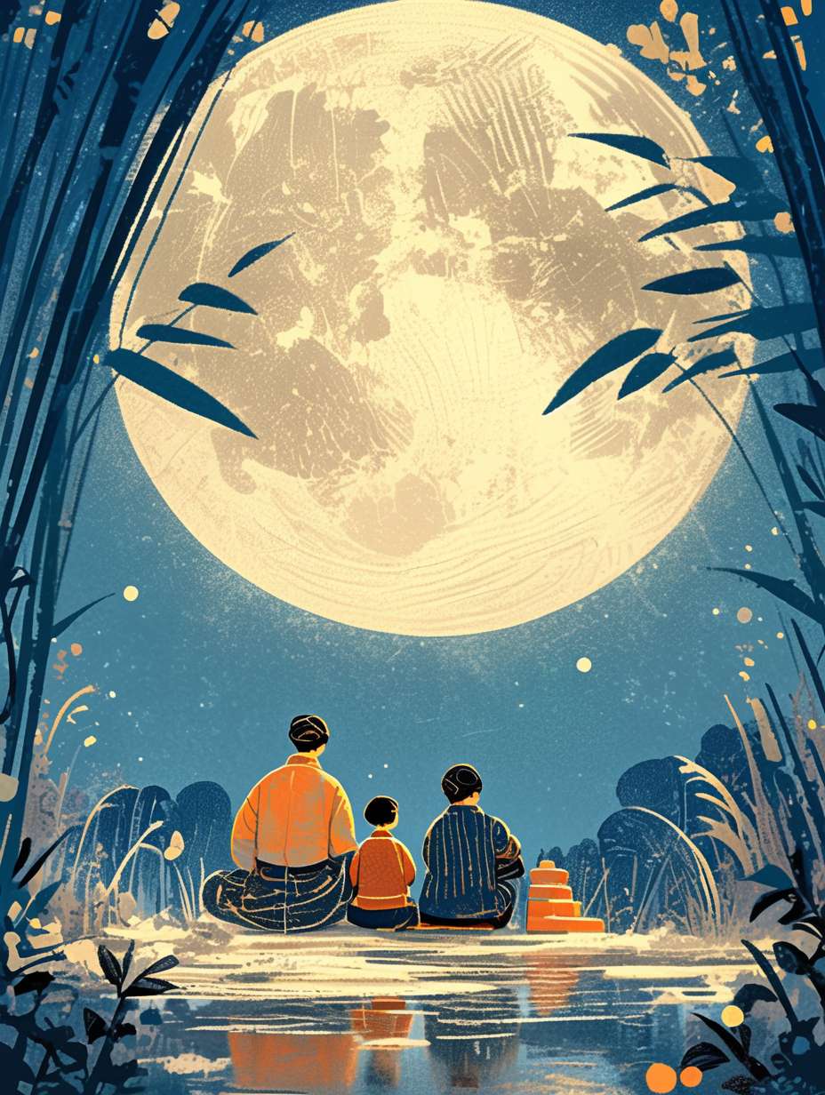 On the night of the Mid-Autumn Festival, a family sits in the yard and looks up at the sky. One of them holds a mooncake in his hand. There is a huge moon in the sky. The moon is drawn with complex linear colored lines. The illustration is drawn with flat-style colored lines. It is an imaginative illustration. 64K, --ar 3:4 --stylize 1000 --fast --niji 6