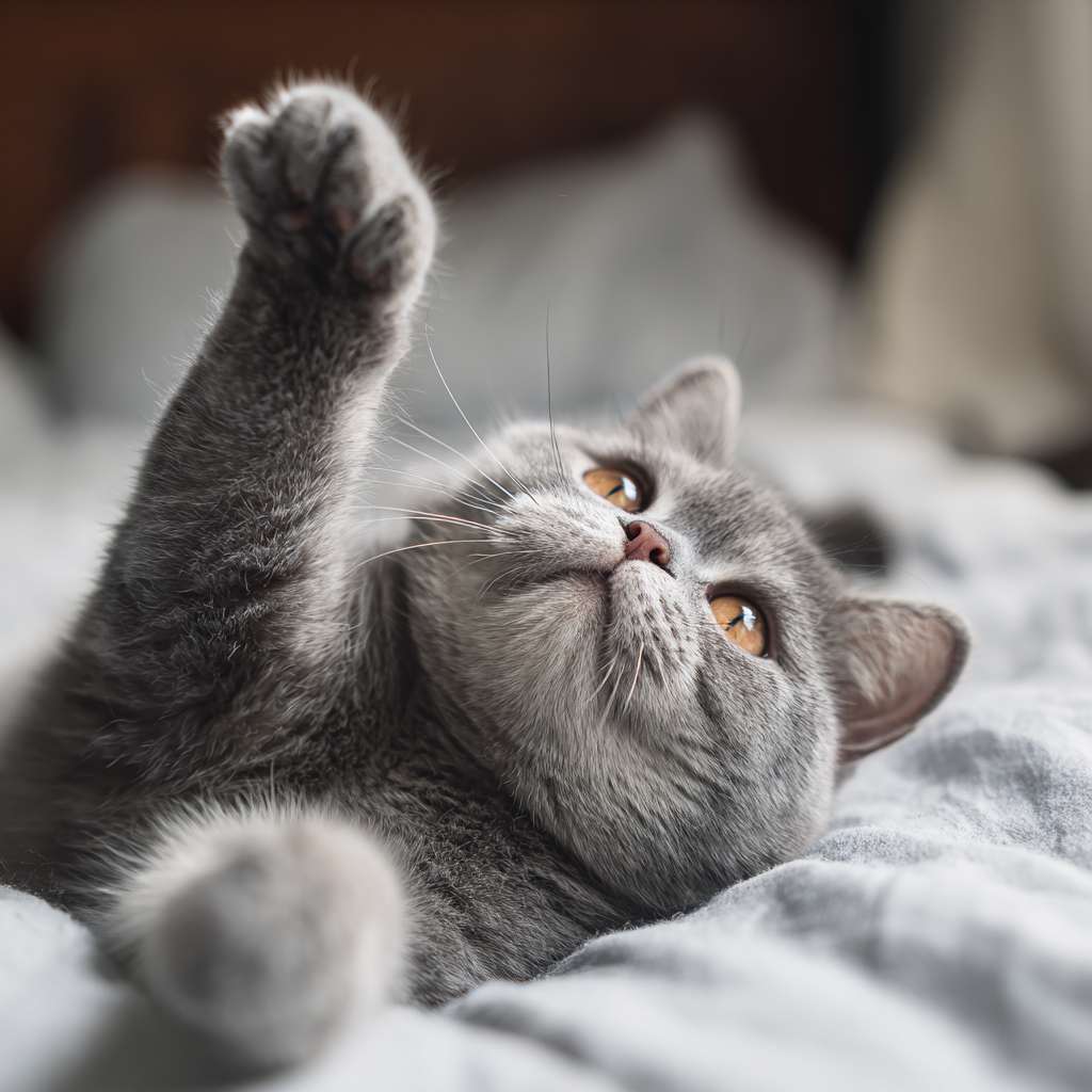 一只布偶猫，仰面朝天躺在柔软的床上，爪子在空中挥舞，表情享受，照片级真实感，4k，超详细，温馨治愈 --ar 1:1 --v 7 --stylize 100 --fast --no 水印