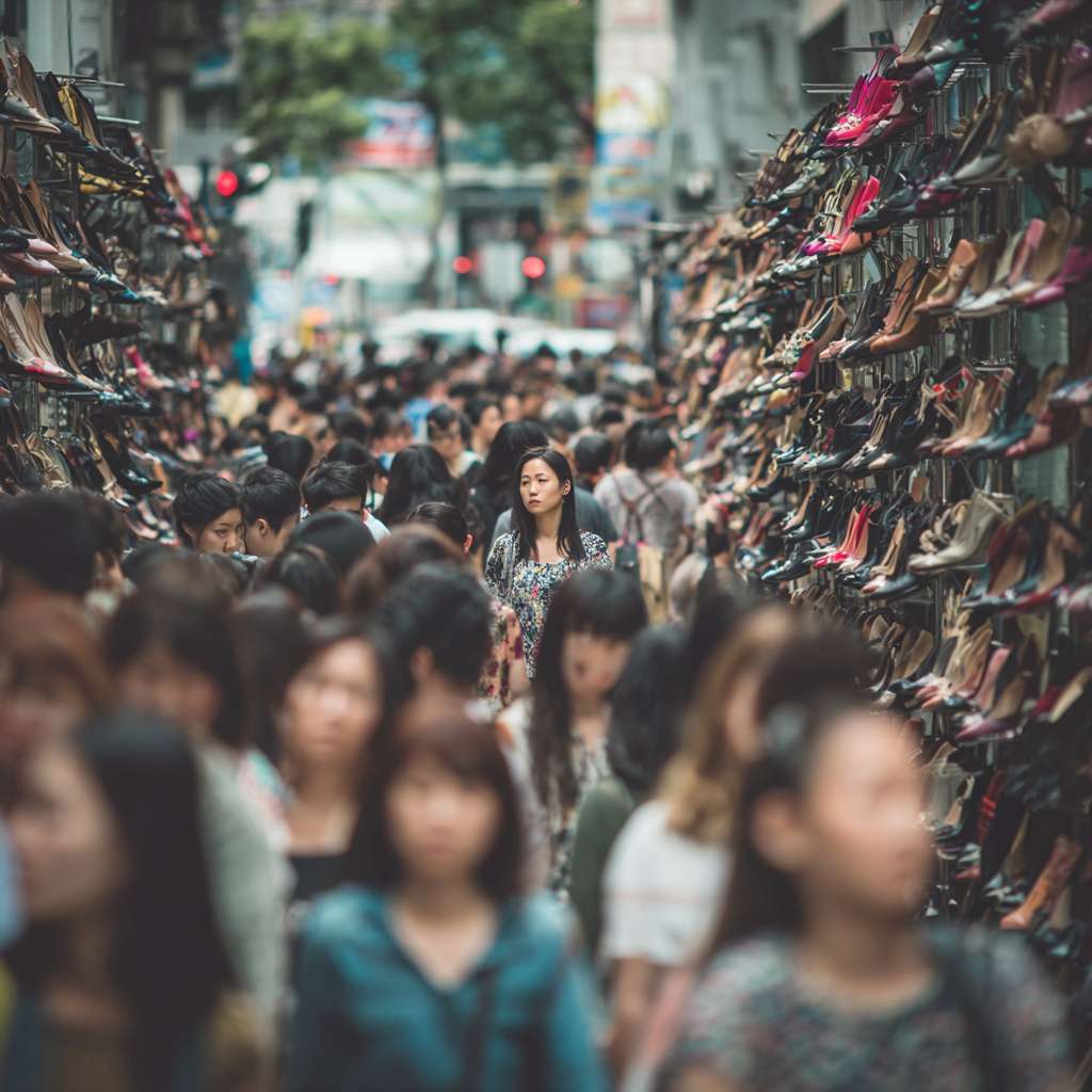帮我生成玛丽珍女鞋的商业图片 场景在喧闹的都市 人流量大 聚焦点在模特和鞋子上 专业相机拍摄 冷调 --ar 1:1 --v 7 --stylize 100 --fast --no 水印