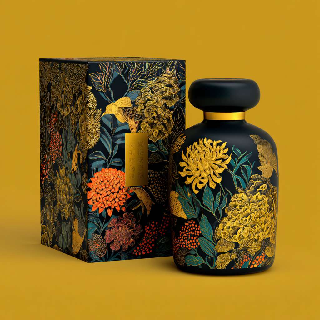 请绘制一个有磨砂质感的铁罐长方形，罐身为黑金色搭配，部分设计为黄精植物绘画图案，精美，色彩明亮，渲染为彩绘植物，颜色 灵感来源自太阳光下的植物，整体呈现质感而高档的色彩搭配。同时设计一个与罐子风格相匹配的高档质感的包装盒子，盒子大小适合放置此罐子，颜色与罐身相呼应，但适当加强质感及对比。以营造出去交感和空间感。请确保整个设计的渲染质量高，细节清晰，颜色饱满，以展示产品的高端质感。 --ar 1:1 --v 7 --stylize 100 --fast --no 水印