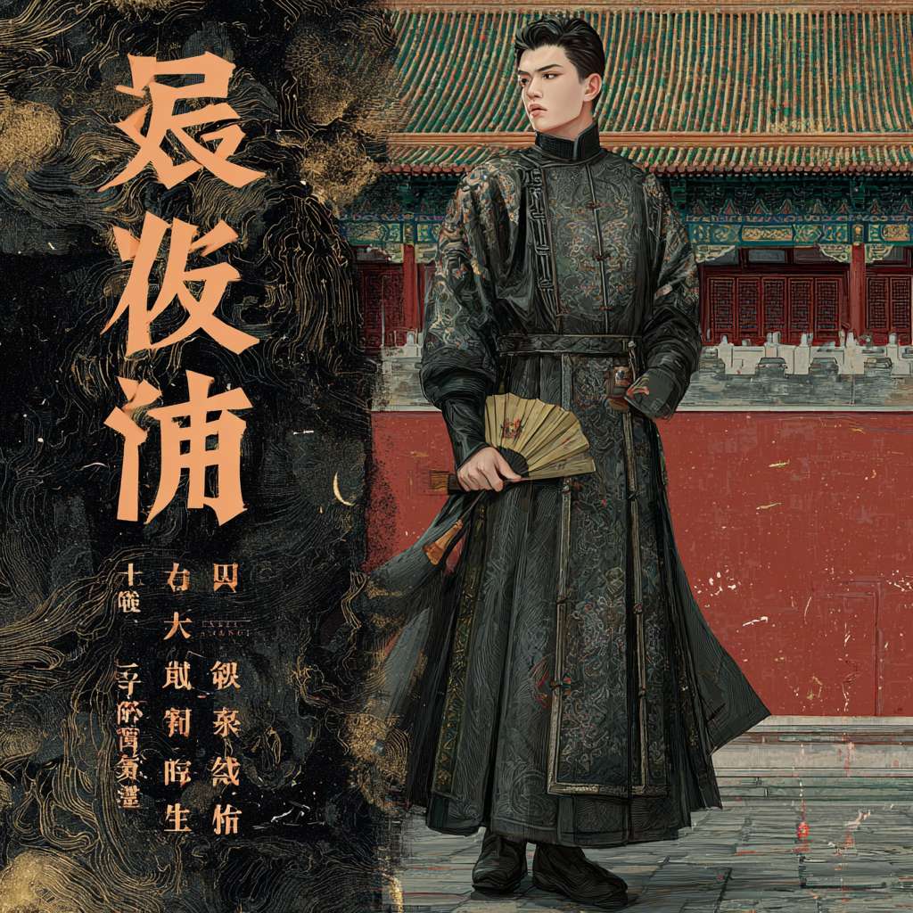 古风权谋小说封面，600800 像素，男主身着玄色蟒纹朝服，身姿挺拔立于朱红宫墙下，侧脸冷峻，右手夹暗黄奏折，背景是半隐鎏金宫阙 + 暗金色流云纹，地面青石砖纹理，色彩以玄黑、暗金、朱红为主，边缘银灰描边，顶部居中大字‘魂穿古代苟成权臣’（暗金描边宋体），底部右侧‘作者：月鸣星灿’（银灰色瘦金体），右下角小字‘侯门立足，步步为营’（浅红色楷体），高清质感，细节丰富 --ar 1:1 --v 7 --stylize 100 --fast --no 水印