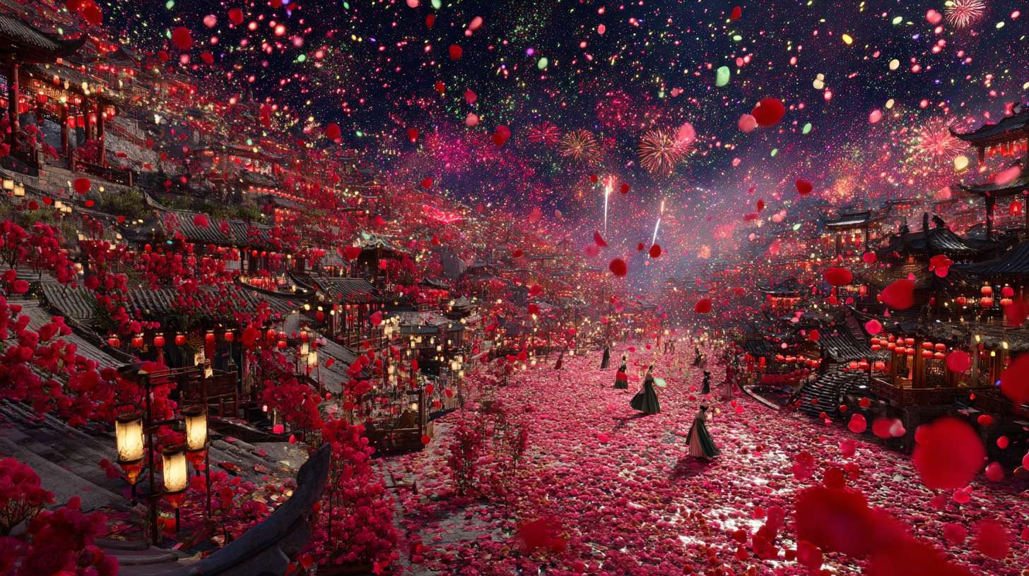 Unreal Engine 5 rendering, in this awe-inspiring scene of the ancient Luoyang Flower Festival, the composition centers on a vast sea of blooming peonies, surrounded by ancient-style pavilions, buildings, and winding corridors adorned with countless red lanterns, while the night sky is continuously lit up by colorful fireworks, the foreground features a celebrating crowd dressed in elegant Hanfu singing and dancing, the middle ground includes traditional Chinese architecture such as eaves-cornered pavilions, and the background blends deep blue starry skies with brilliant fireworks, in terms of color, vibrant reds, golds, and greens dominate, symbolizing luck and wealth, with the pink and white of the flowers sharply contrasting with the warm yellow of the lanterns, and the multicolored lights of the fireworks adding dynamic color variations, the lighting effects are exquisitely detailed, the soft glow from the lanterns casts warm shadows on people's faces and the ground, while the explosive flashes of fireworks create dazzling halos, contrasting with the cool moonlight to enhance the image's depth and dynamism, the entire scene is bustling and lively, with lanterns swaying gloriously, fireworks sparkling brilliantly, and the crowd cheering incessantly, as if transporting the viewer into a dreamlike ancient prosperous era filled with the charm of Chinese elements. --ar 16:9 --v 7 --c 20 --quality 4 --stylize 100 --fast