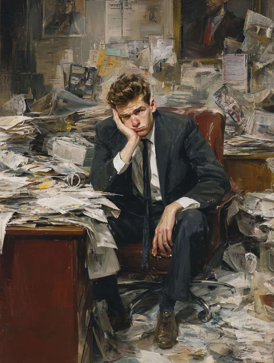 职场的烦躁人 --ar 3:4 --v 7 --stylize 100 --fast --no 水印