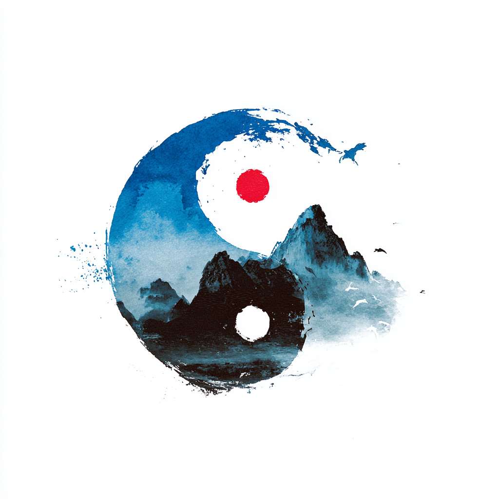 The circular logo adopts the traditional Chinese ink and wash Tai Chi symbol (not a circle), with alternating shades of blue, black, and white, surrounded by a hazy silhouette of a blue mountain range, and a red dot in the center. Tai Chi has a fish shaped pattern: black fish (yin) and white fish (yang) are wrapped in smooth curves, reflecting the interaction between yin and yang. The mountain range extends slightly from the imaginary part of Tai Chi to increase the artistic conception. The picture mainly focuses on Tai Chi, emphasizing the balance of yin and yang and the combination of movement and stillness, with mountains as a supplement. The background is pure white, with a Zen style, simple design, no text, no watermark, high resolution, vector image, and white space at the edges of the picture. Pay attention to the artistic conception of the picture, and have a combination of movement and stillness --ar 1:1 --v 7 --stylize 100 --fast